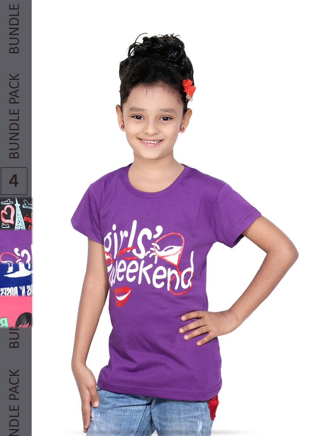 

IndiWeaves Girls Pack Of 4 Printed Round Neck Cotton T-shirt, Purple