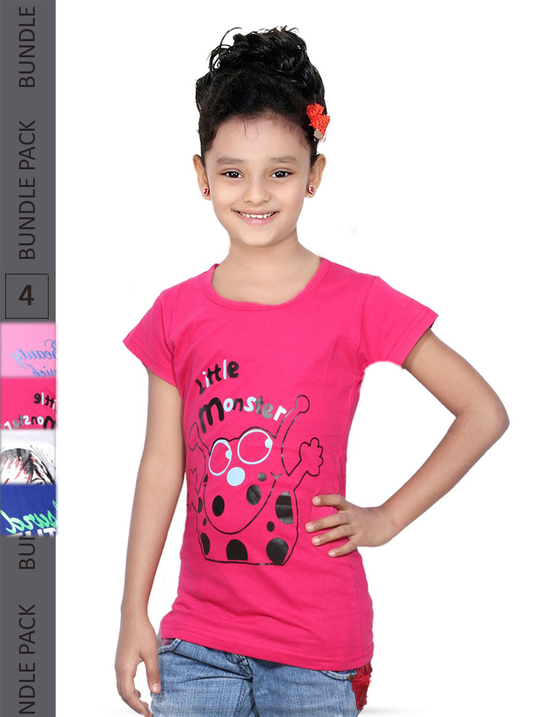 

IndiWeaves Girls Pack of 4 Typography Printed Cotton T-shirt, Pink