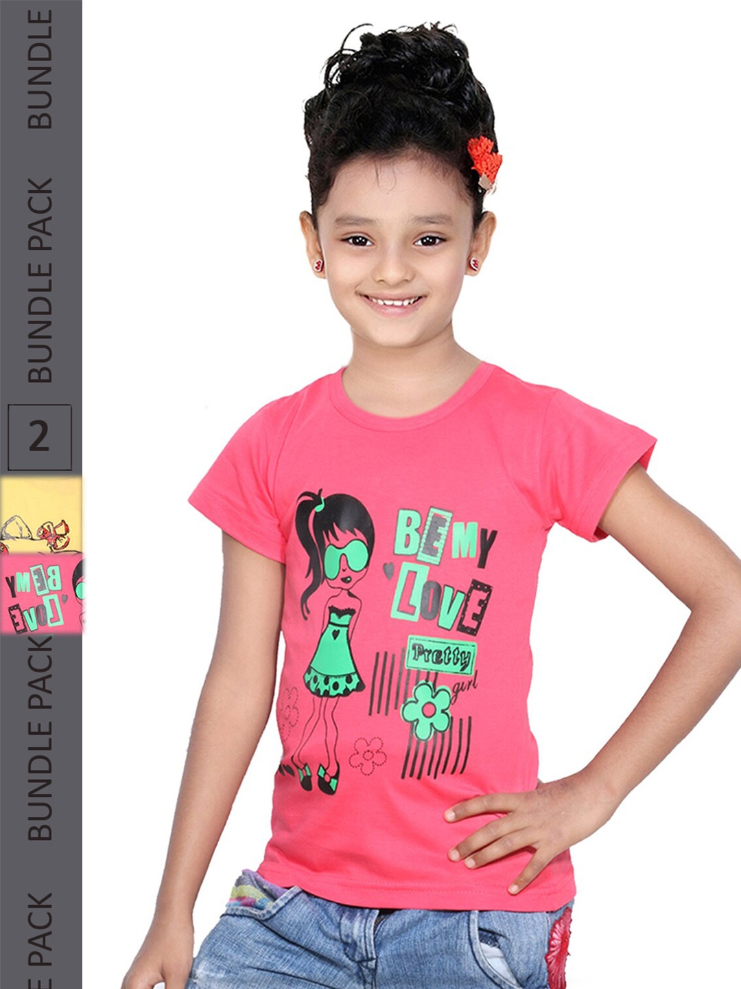 

IndiWeaves Girls Pack of 2 Typography Printed Regular Fit Cotton T-shirt, Pink