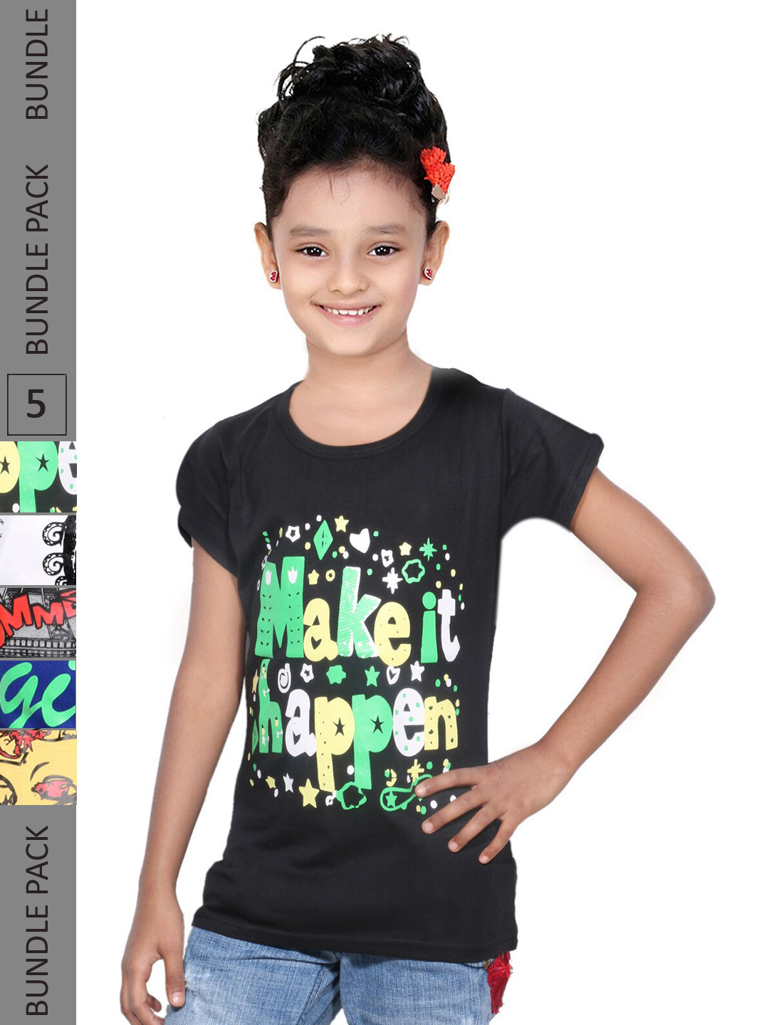 

IndiWeaves Girls Pack of 5 Typography Printed Regular Fit Cotton T-shirt, Black