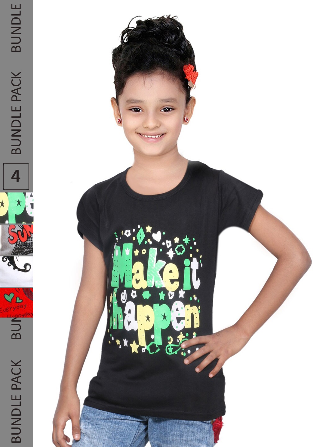 

IndiWeaves Girls Pack Of 4 Graphic Printed T-Shirt, Black