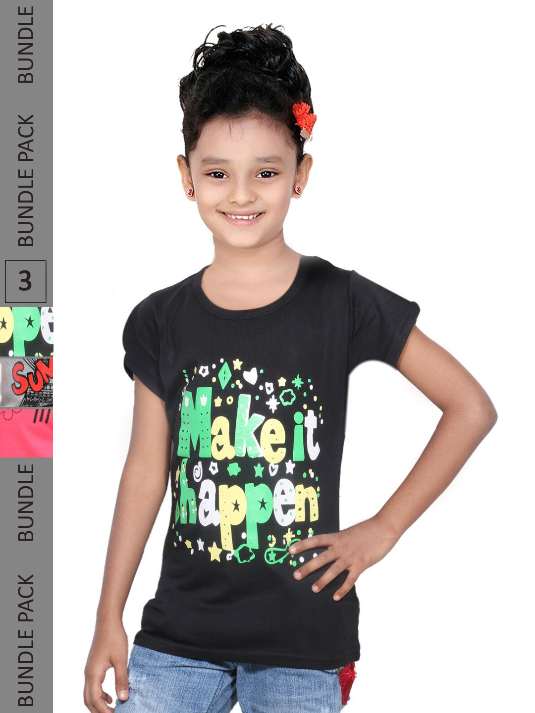 

IndiWeaves Girls Pack of 3 Graphic & Typography Round Neck Casual Cotton T-shirt, Black