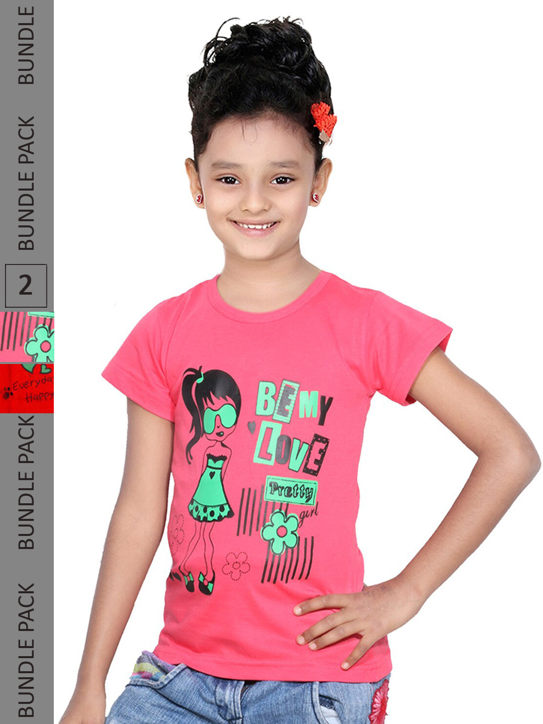

IndiWeaves Girls Pack Of 2 Typographic Printed Cotton T-shirt, Pink