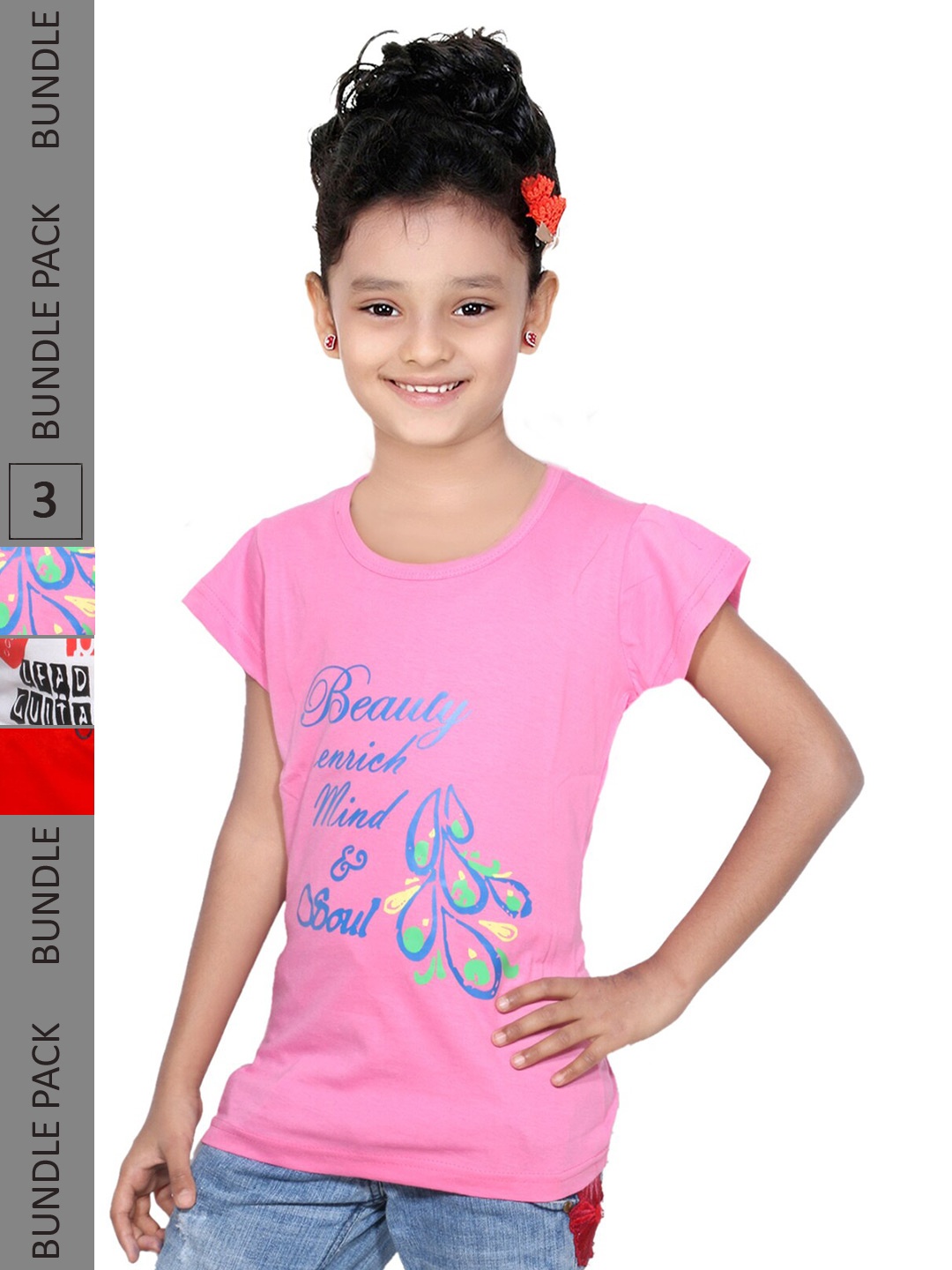 

IndiWeaves Pack Of 3 Girls Typography Printed Round Neck Cotton Casual T Shirt, Pink