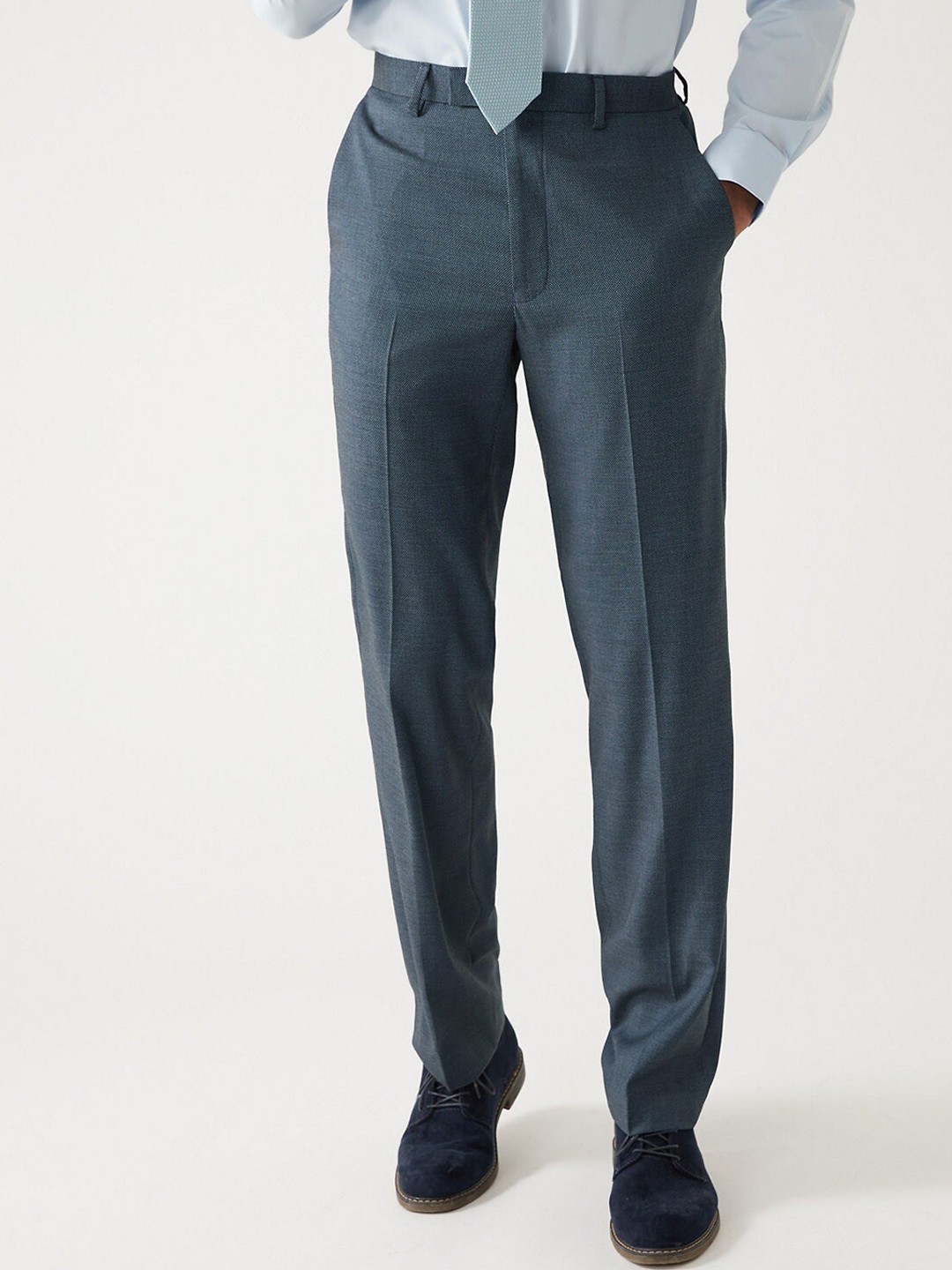 

Marks & Spencer Men Self Design Textured Formal Trousers, Blue