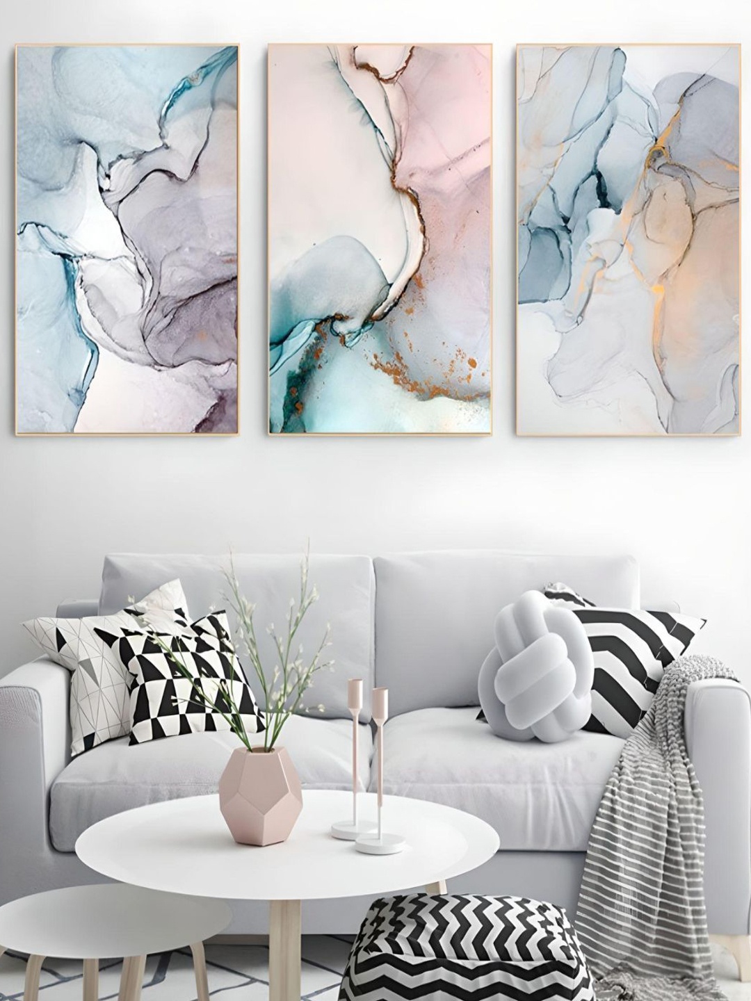 

THE HANDMADE FLAIR 3-Pcs Blue & Grey Agate Marble Painting Framed Wall Art