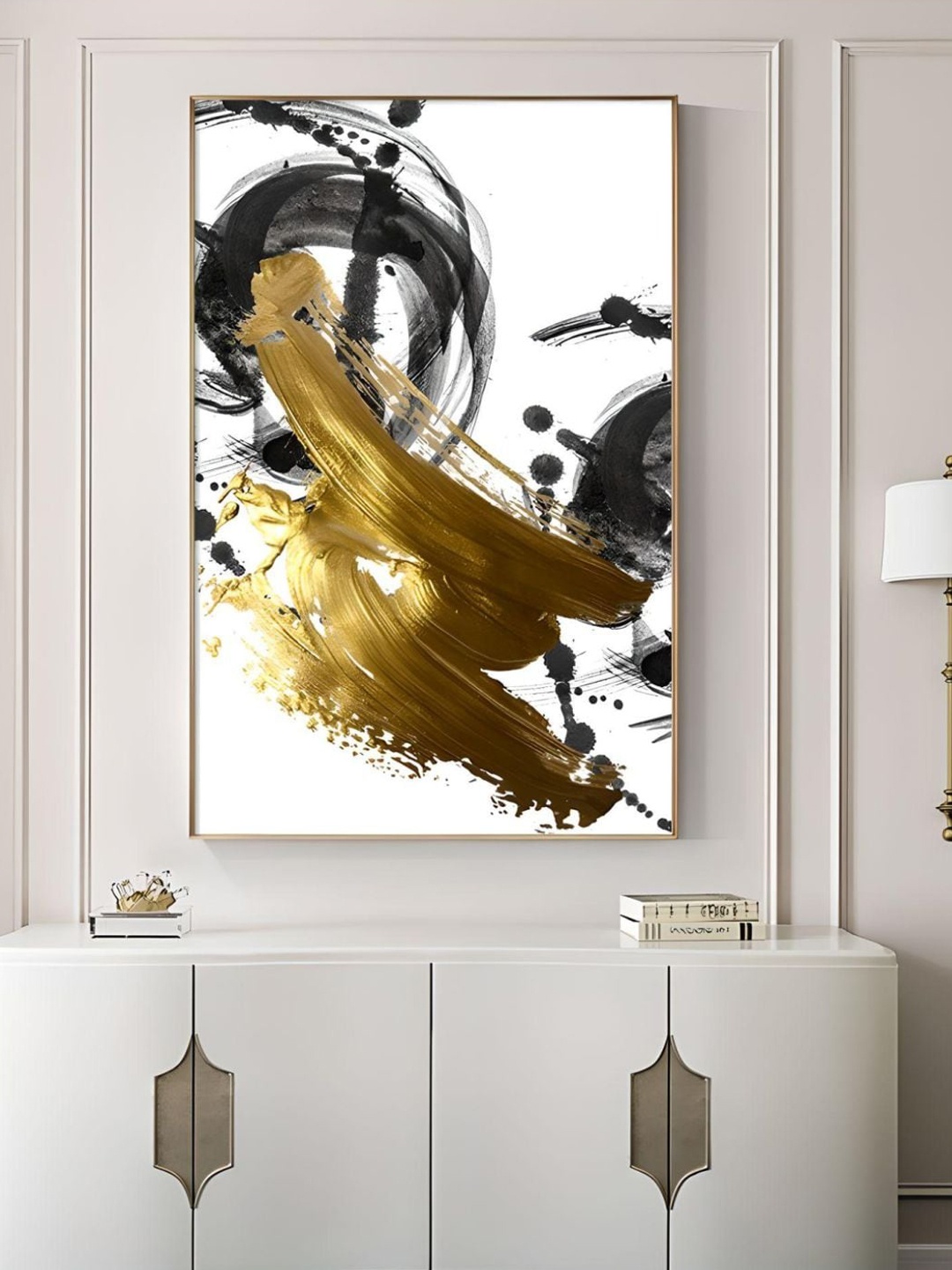 

THE HANDMADE FLAIR Golden & White Swirls Painting Framed Wall Art, Gold