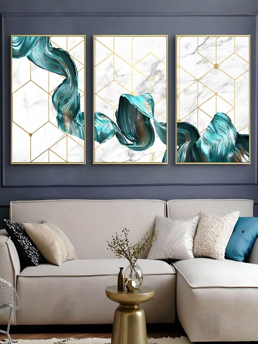 

THE HANDMADE FLAIR White & Blue 3 Pieces Abstract Printed Framed Wall Art