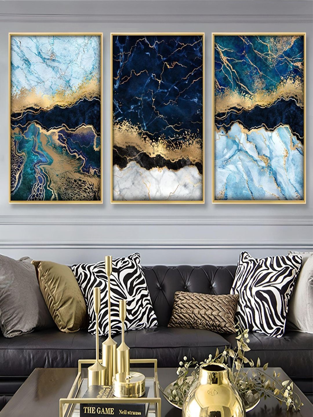 

THE HANDMADE FLAIR Crystal Porcelain Blue 3 Pieces Abstract Deep Sea Framed Wall Art