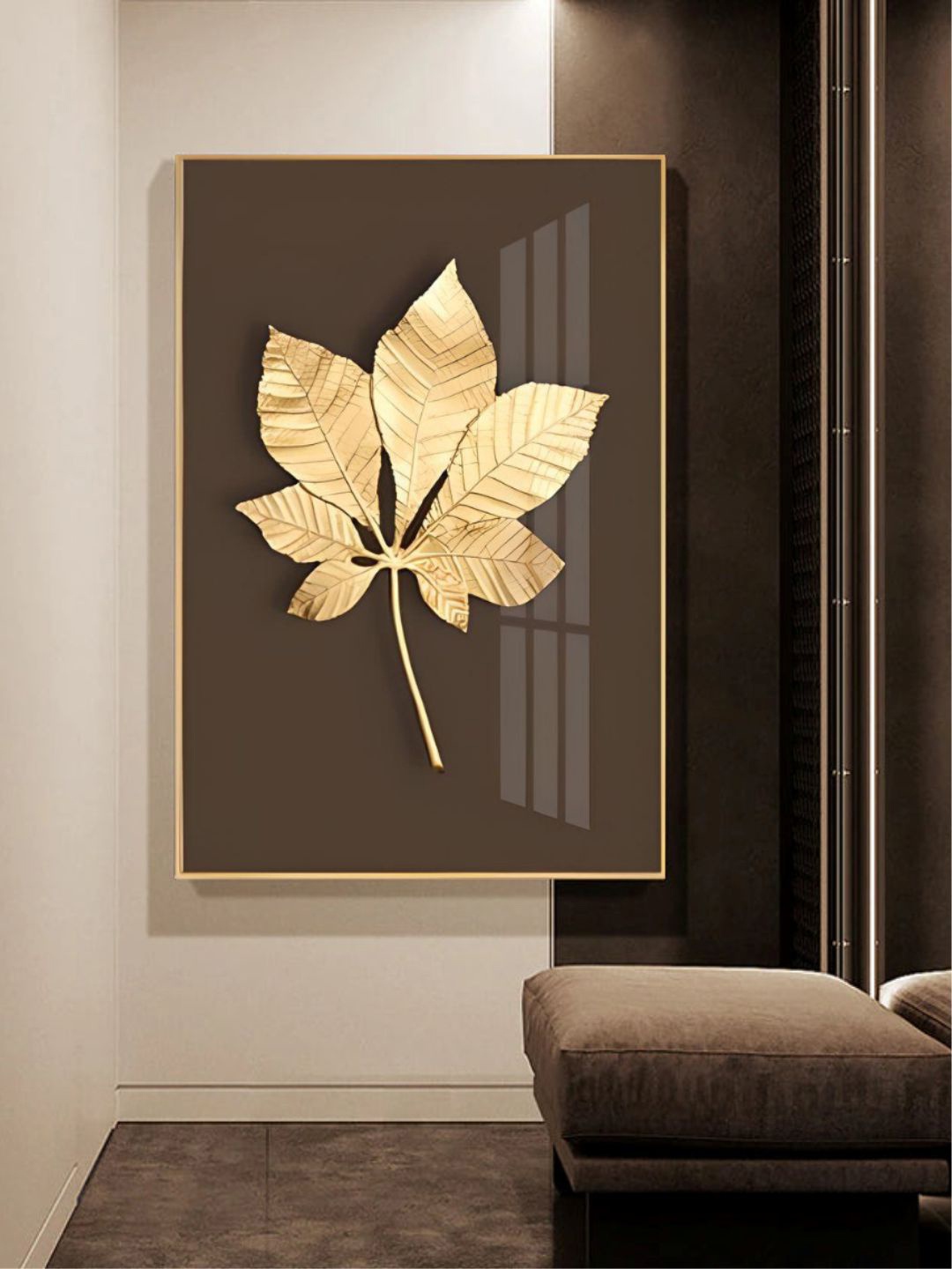 

THE HANDMADE FLAIR Crystal Brown & Golden Minimalist Leaf Painting Framed Wall Art