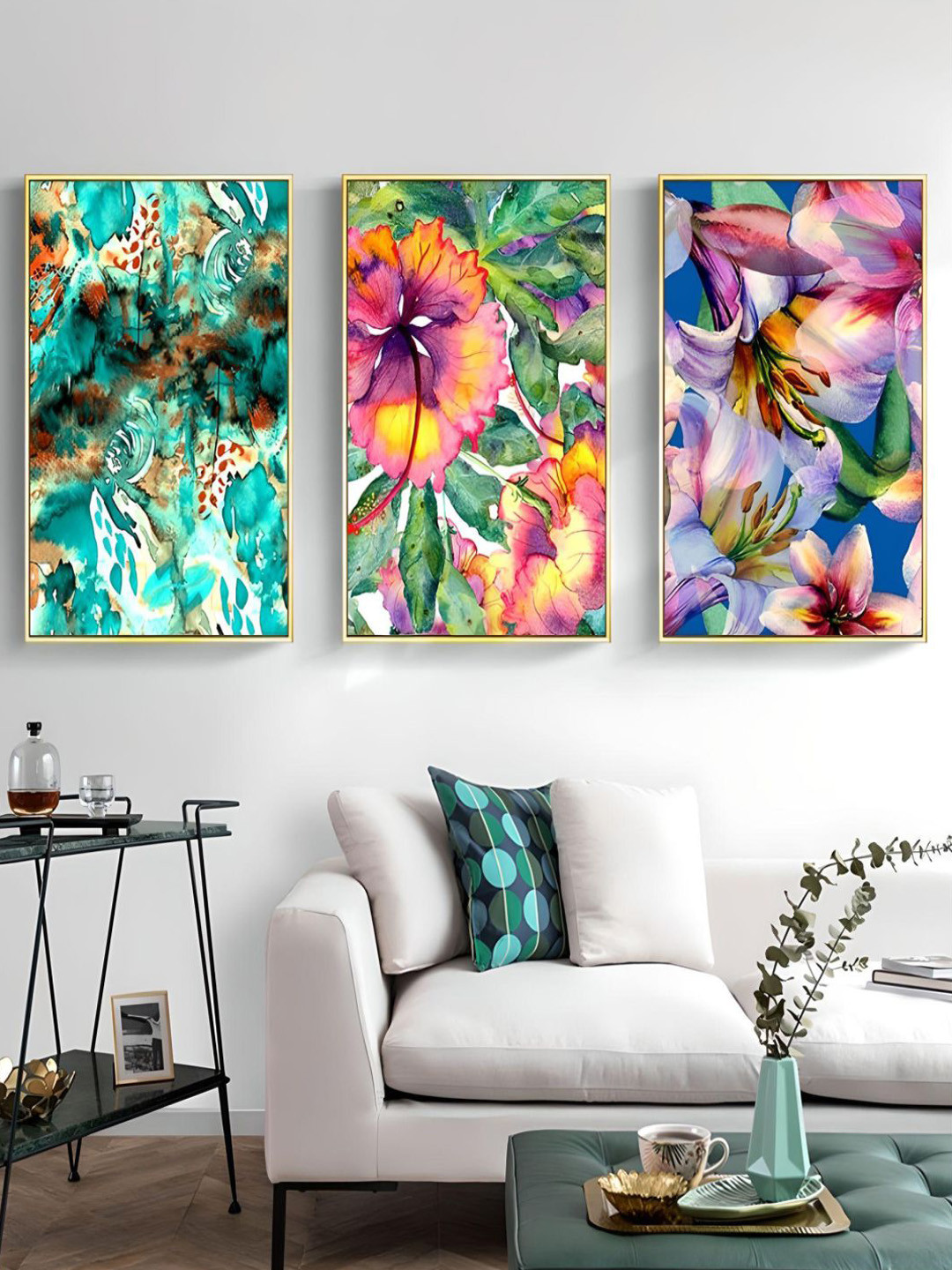 

THE HANDMADE FLAIR 3-Pcs Green & Blue Abstract Printed Framed Wall Art