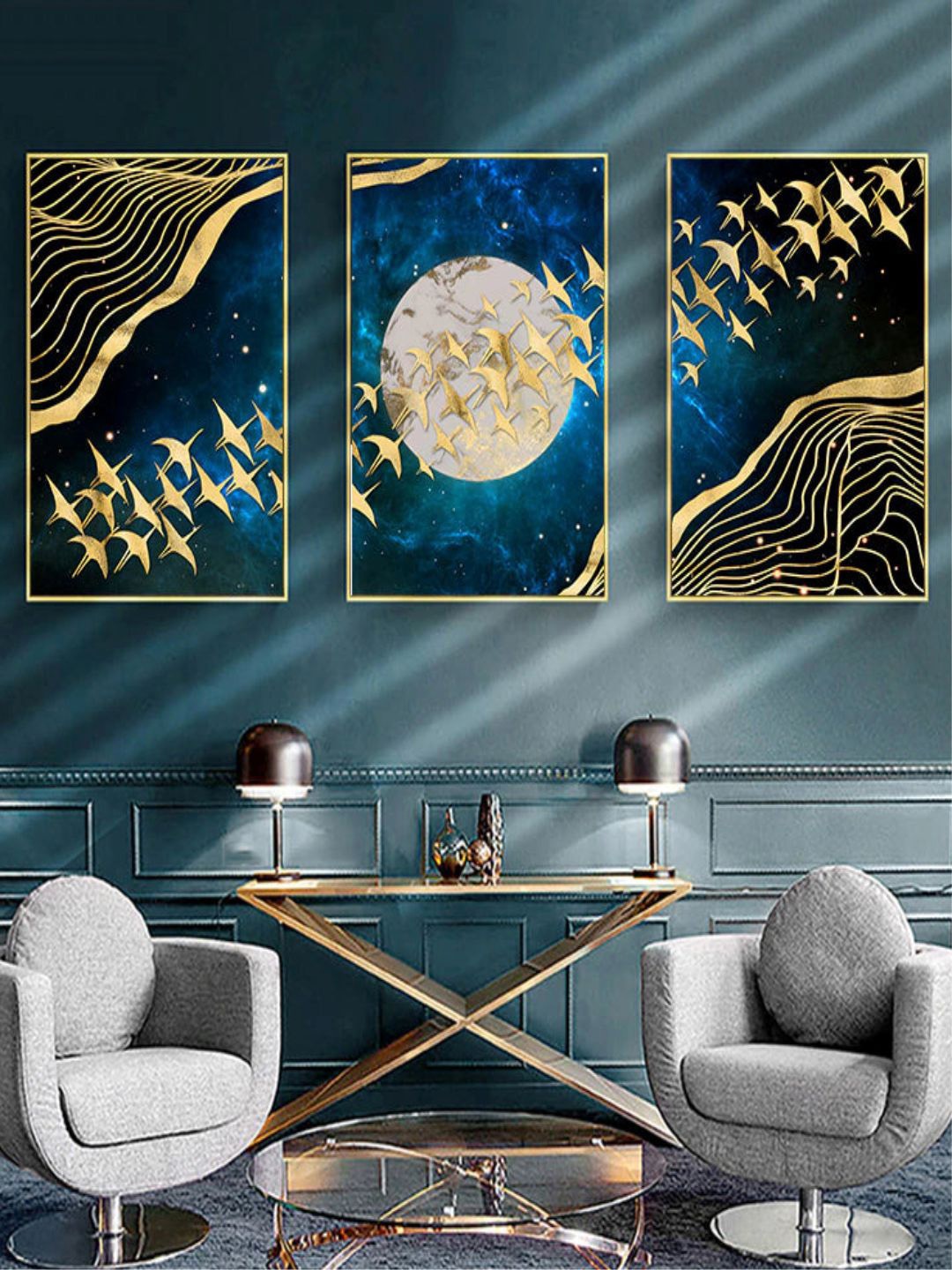 

THE HANDMADE FLAIR 3-Pcs Blue & Golden Auspicious Golden Birds Painting Framed Wall Art