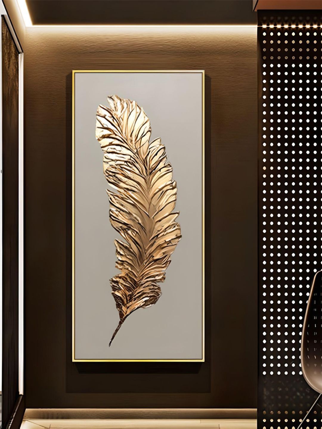 

THE HANDMADE FLAIR Grey & Golden Feather Painting Framed Wall Art