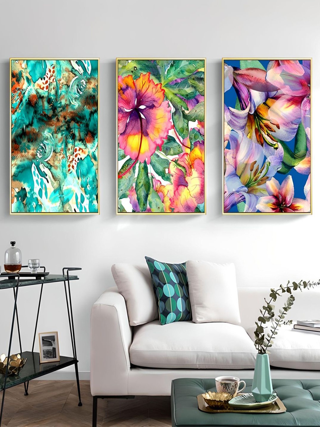 

THE HANDMADE FLAIR Crystal Green & Blue 3 Pieces Abstract Printed Framed Wall Arts