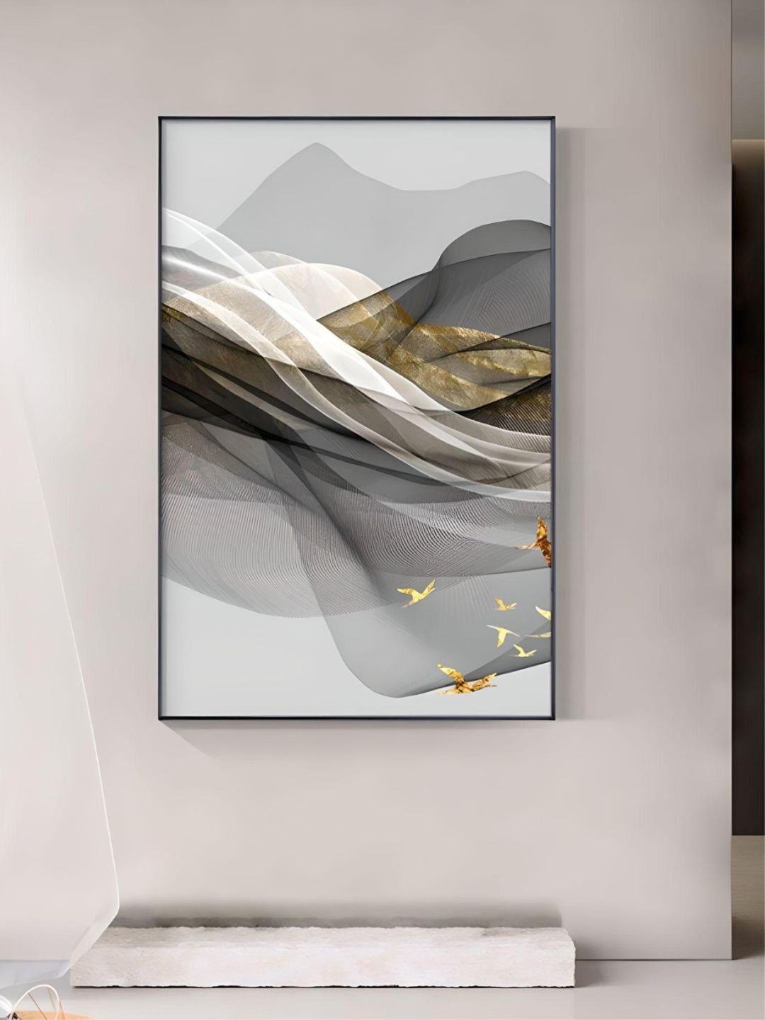 

THE HANDMADE FLAIR Crystal Porcelain Grey & Gold Toned Abstract Framed Wall Art