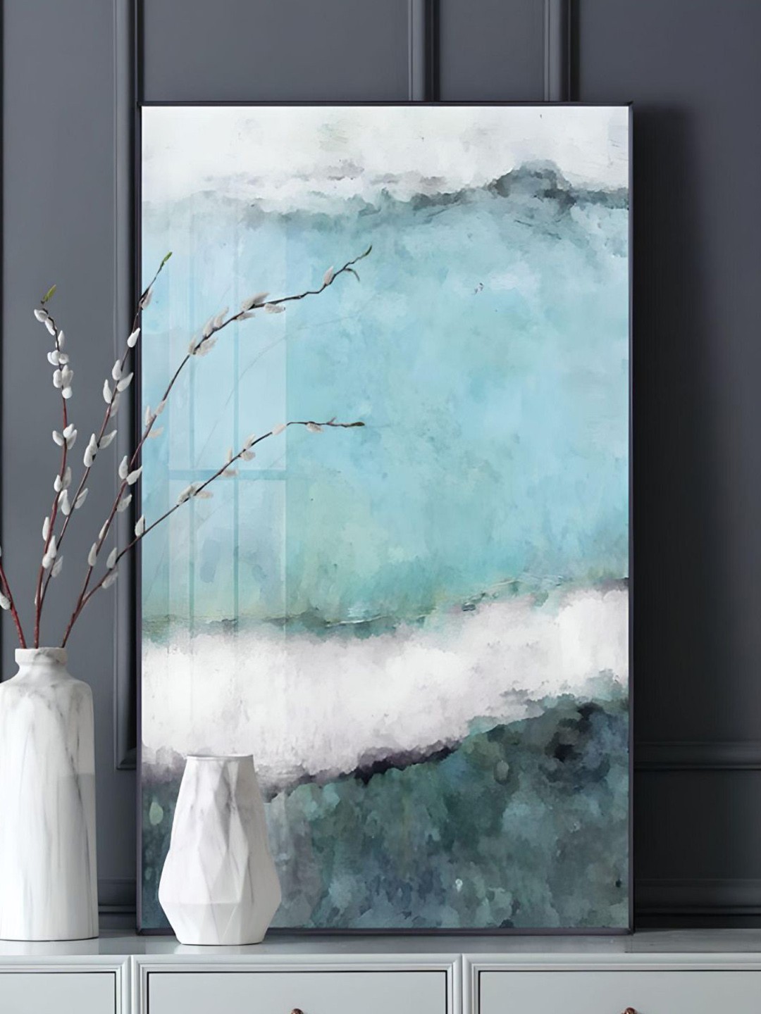 

THE HANDMADE FLAIR Crystal Porcelain Blue & White Abstract Framed Wall Art