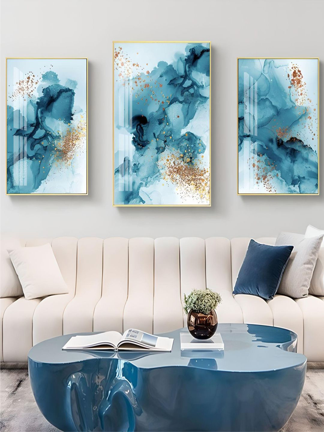 

THE HANDMADE FLAIR 3-Pcs Blue & Golden Splash Liquid Painting Framed Wall Art