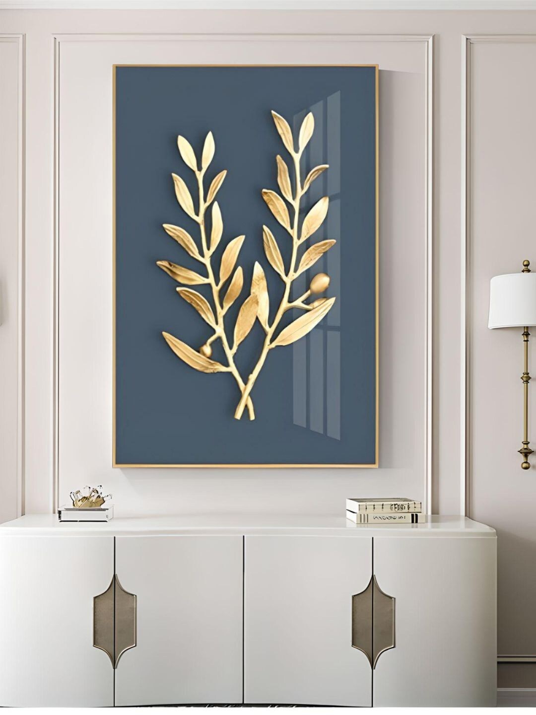 

THE HANDMADE FLAIR Crystal Porcelain Navy Blue & Gold Toned Leaf Framed Wall Art