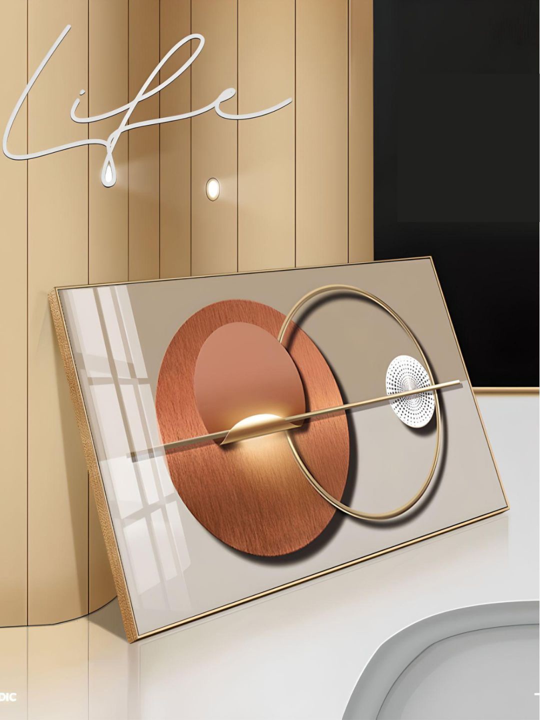 

THE HANDMADE FLAIR Orange & Metallic Sun Moon Geometry Nordic Painting Framed Wall Art