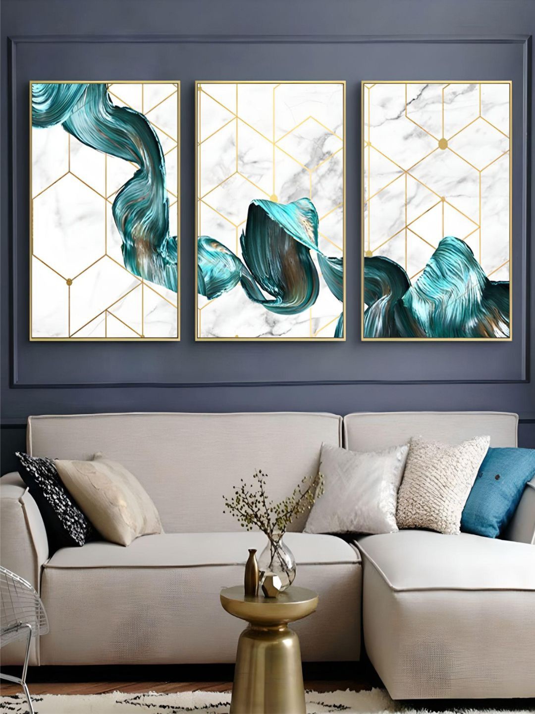 

THE HANDMADE FLAIR Crystal Porcelain White & Blue 3 Pcs Abstract Framed Wall Art