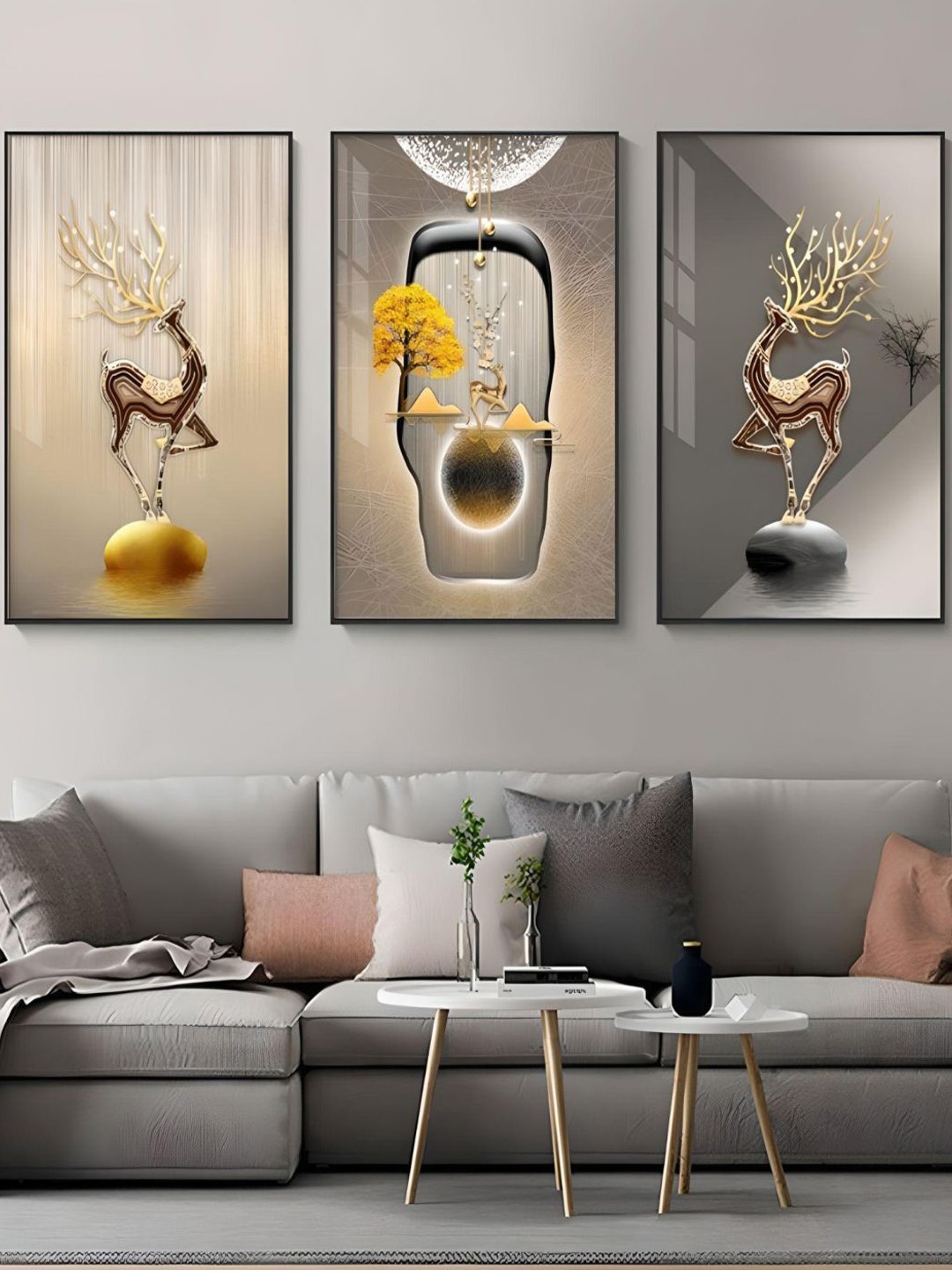 

THE HANDMADE FLAIR 3-Pcs Beige & Metallic-Color Abstract Printed Framed Wall Art, Grey