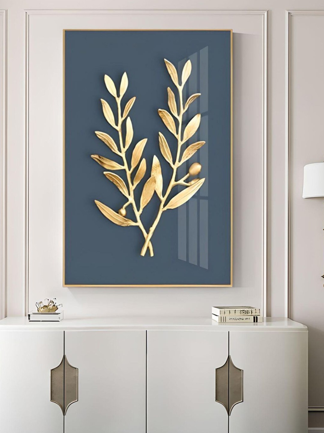 

THE HANDMADE FLAIR Blue & Golden Minimalist Leaf Painting Framed Wall Art