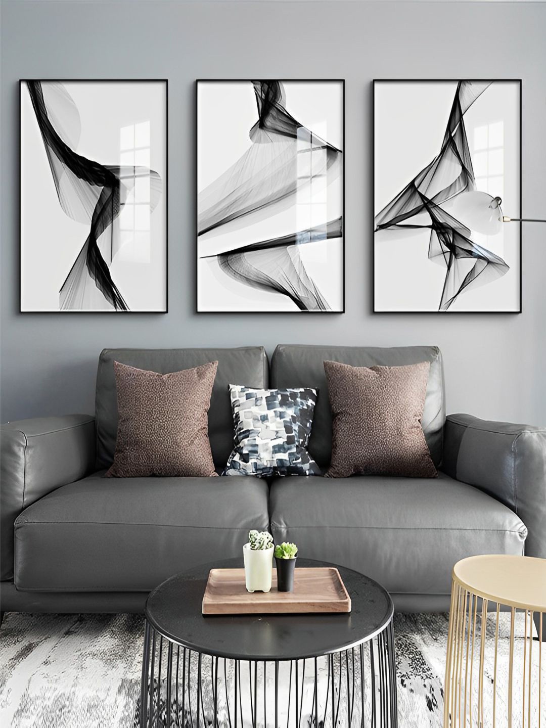 

THE HANDMADE FLAIR Grey & Black 3 Pieces Abstract Printed Framed Wall Art