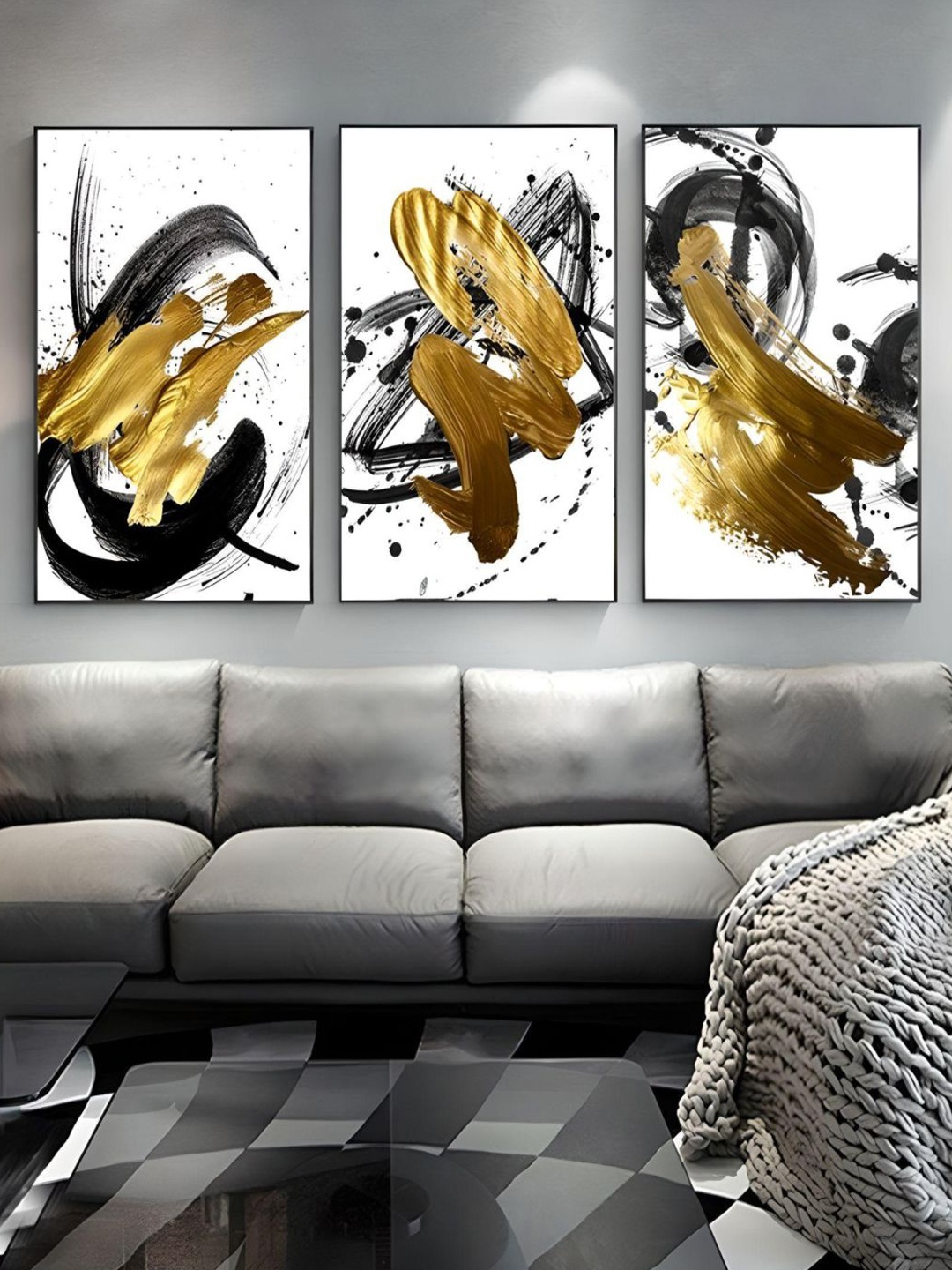 

THE HANDMADE FLAIR 3-Pcs White & Brown Golden Swirls Painting Framed Wall Art