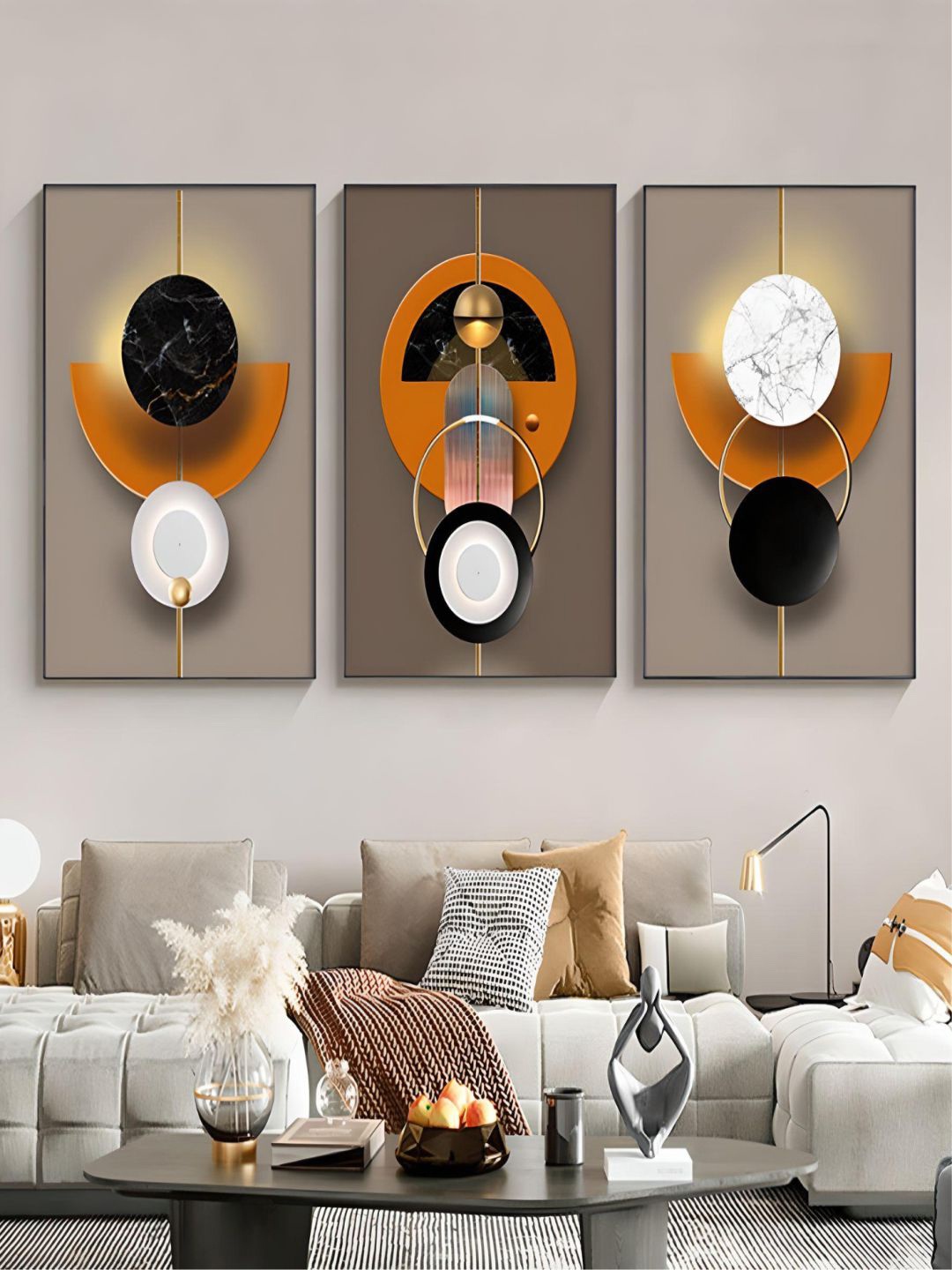 

THE HANDMADE FLAIR Grey & Orange-Color 3 Pieces Abstract Printed Framed Wall Arts