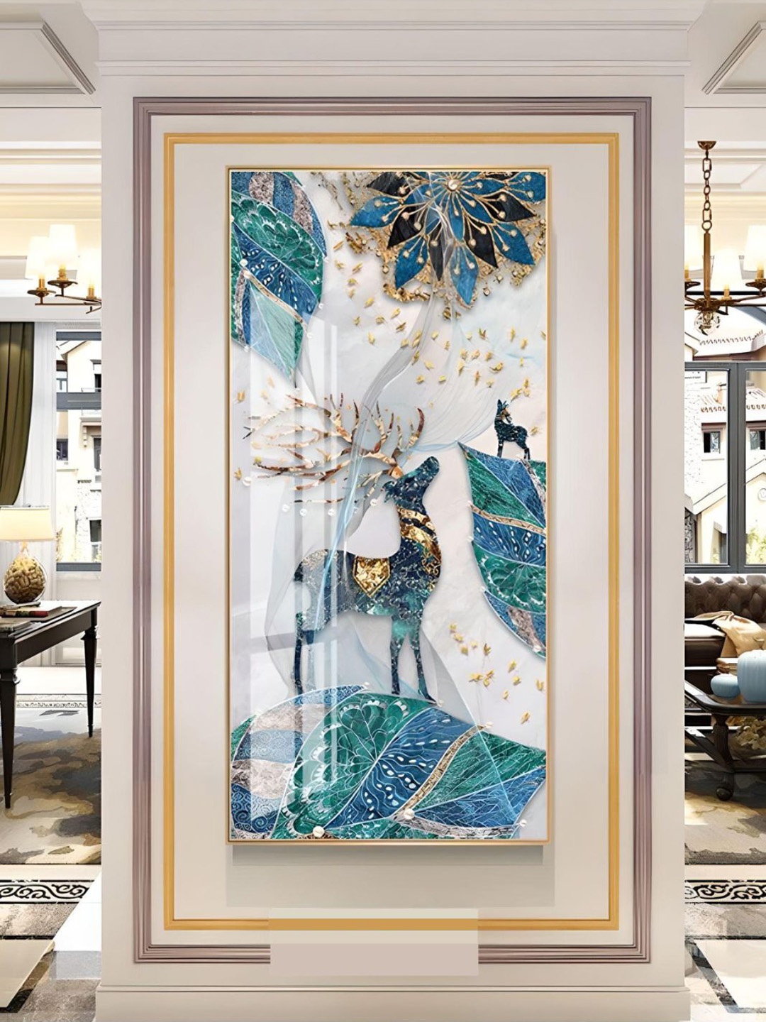 

THE HANDMADE FLAIR Crystal Porcelain Blue Auspicious Mystical Deer Framed Wall Art, White