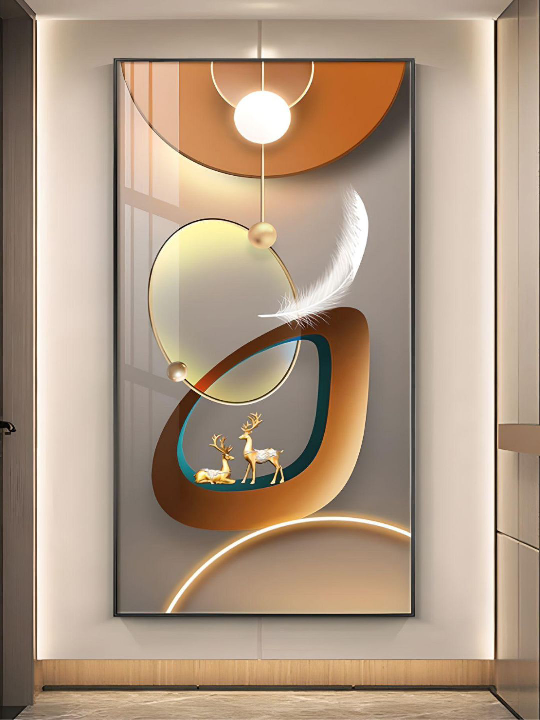 

THE HANDMADE FLAIR Crystal Porcelain Grey & Brown Deer Circle Of Light Framed Wall Art
