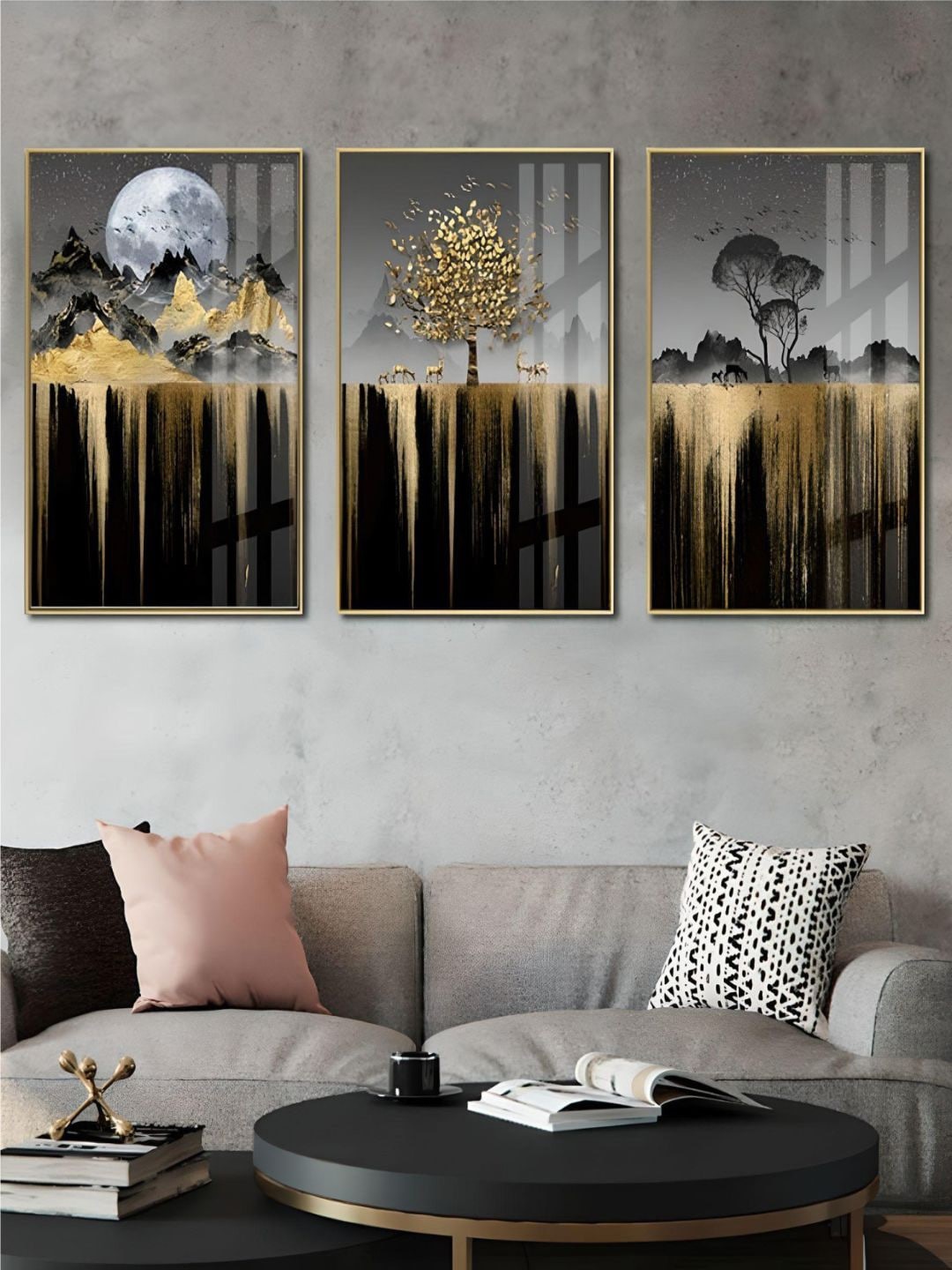 

THE HANDMADE FLAIR Crystal Porcelain Grey & Black 3 Pcs Abstract Tree Moon Framed Wall Art
