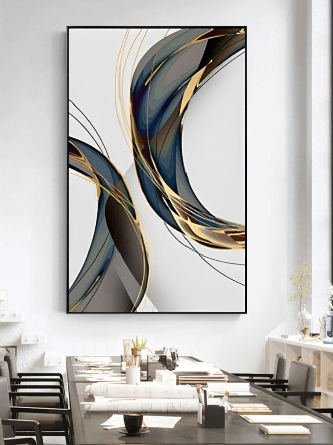 

THE HANDMADE FLAIR Crystal Porcelain Off White Flowing Shapes Abstract Framed Wall Art