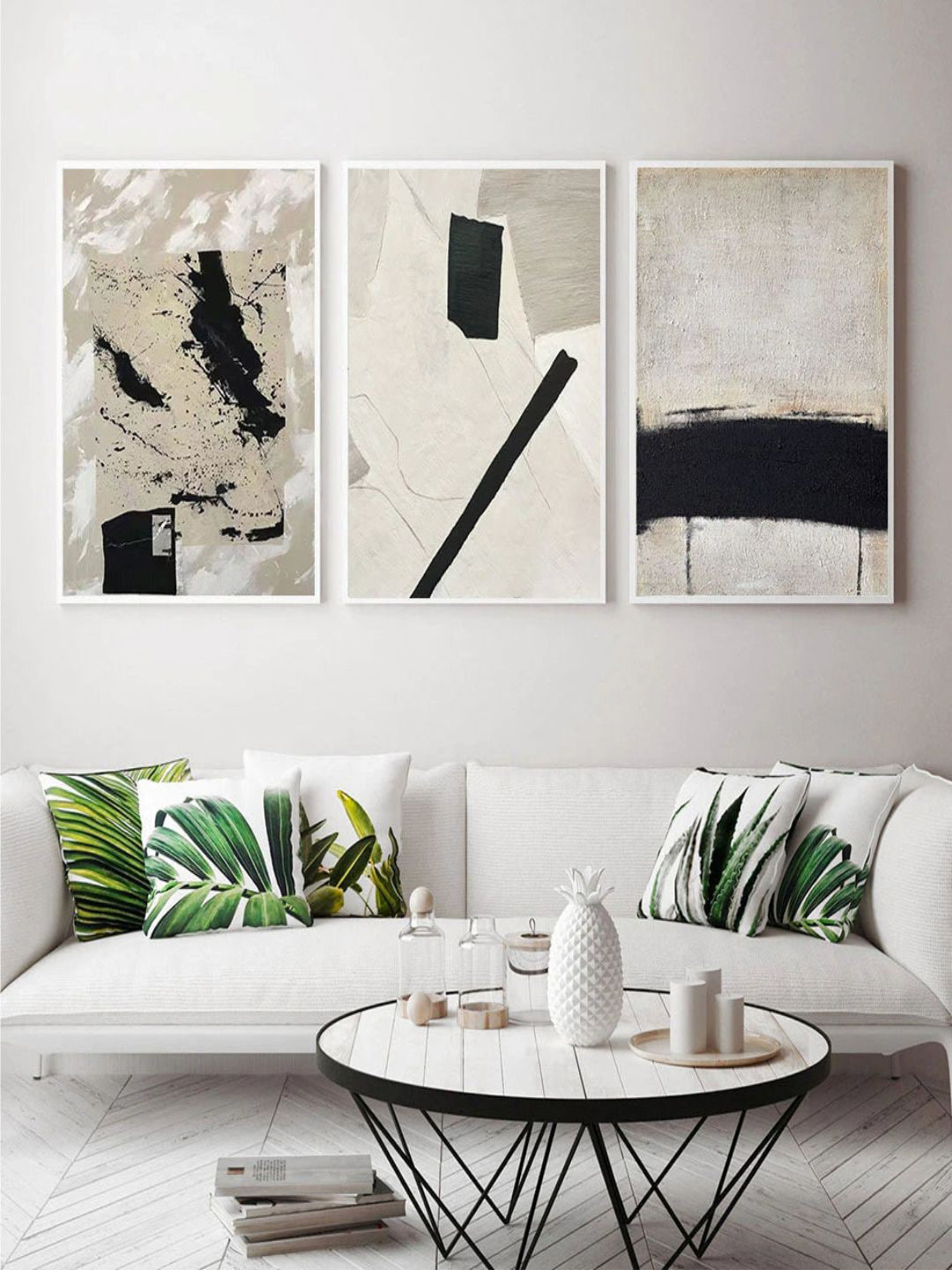 

THE HANDMADE FLAIR Beige & Black 3 Pieces Abstract Painting Wall Arts