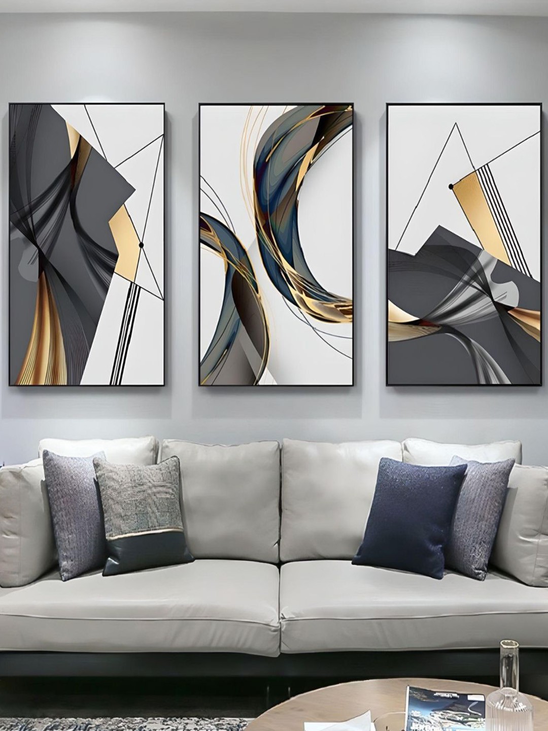 

THE HANDMADE FLAIR Crystal Porcelain Beige & Grey 3Pcs Geometric Flowing Painting Wall Art