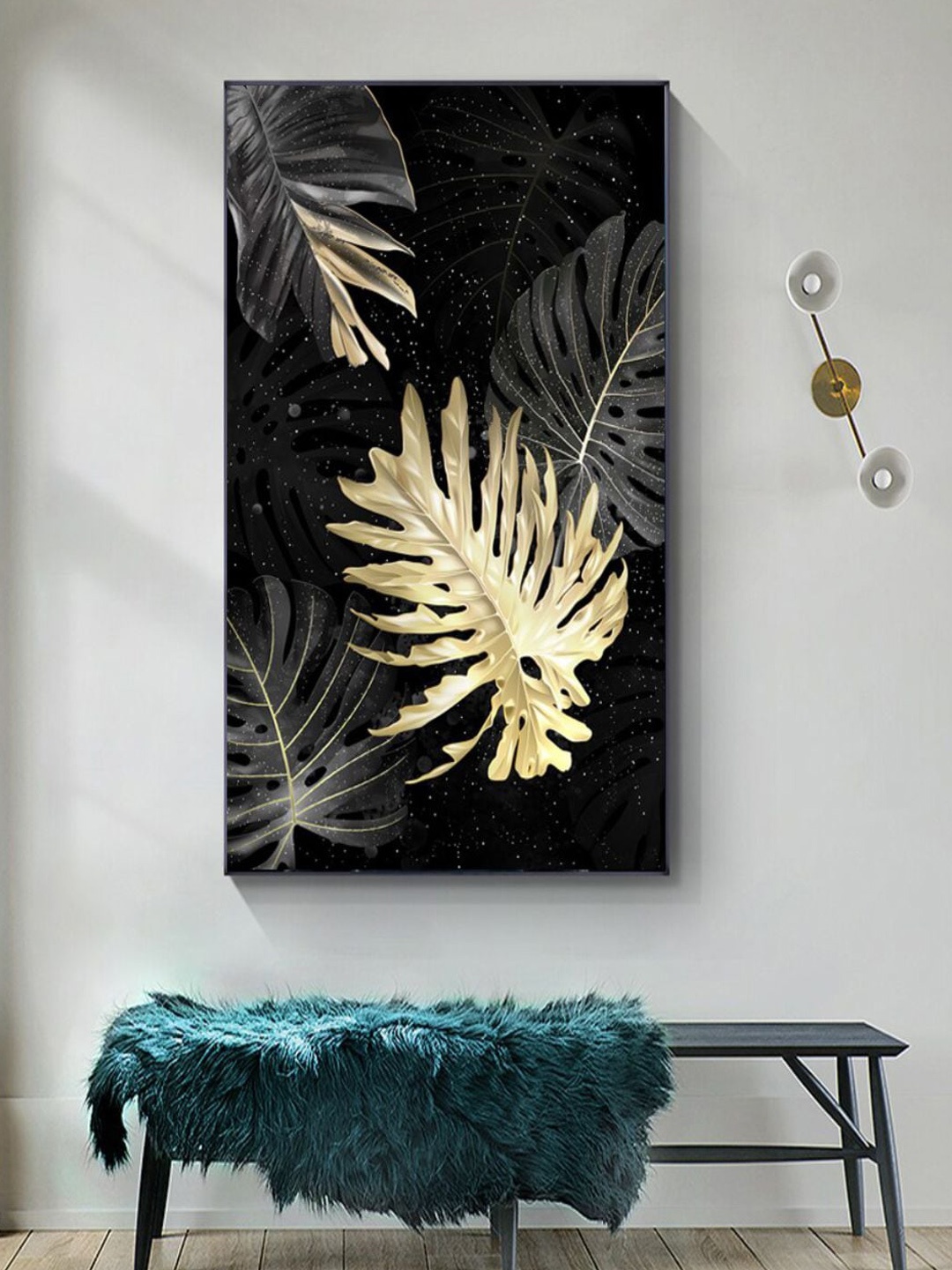 

THE HANDMADE FLAIR Black & Beige Leaves Painting Wall Art