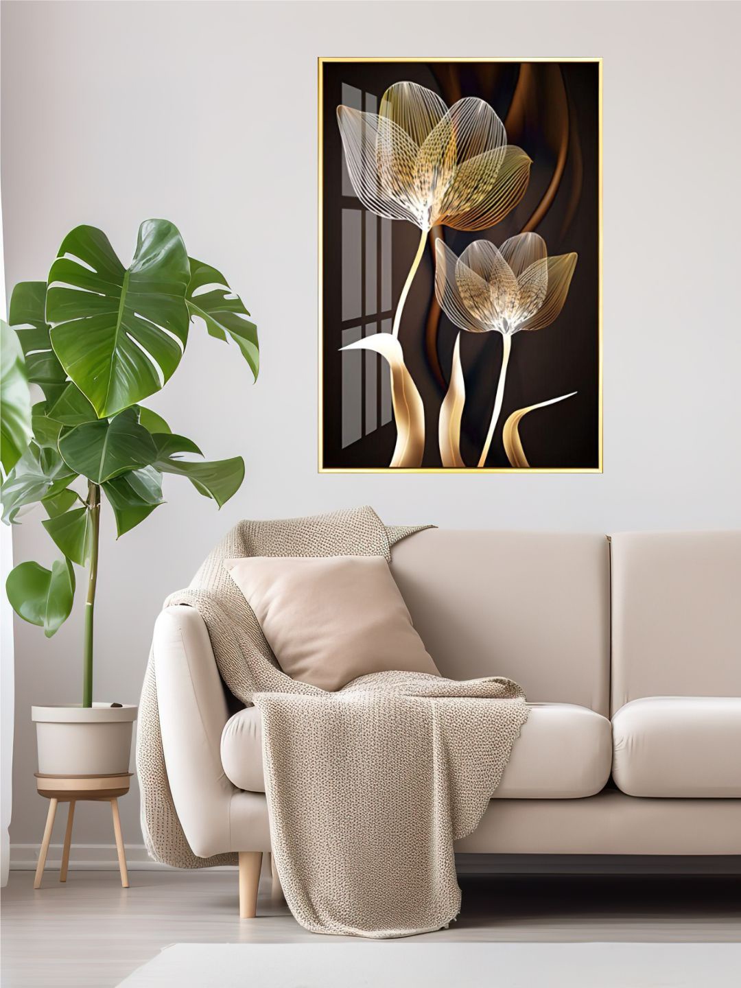 

THE HANDMADE FLAIR Brown & Yellow Abstract Floral Painting Wall Art