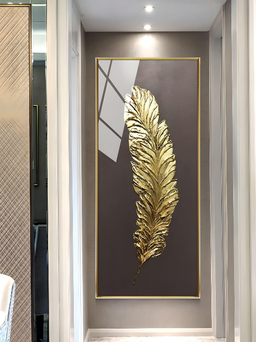 

THE HANDMADE FLAIR Crystal Porcelain Beige & Gold Toned Feather Framed Wall Art