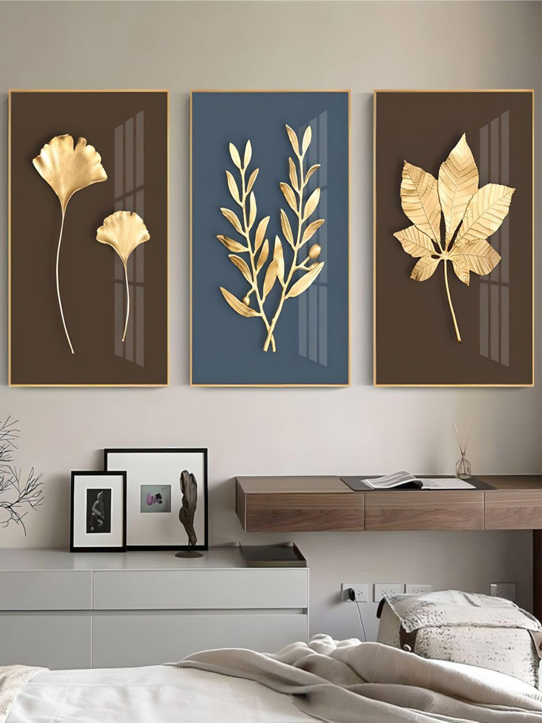 

THE HANDMADE FLAIR Blue & Brown 3 Pieces Leaf Painting Wall Arts