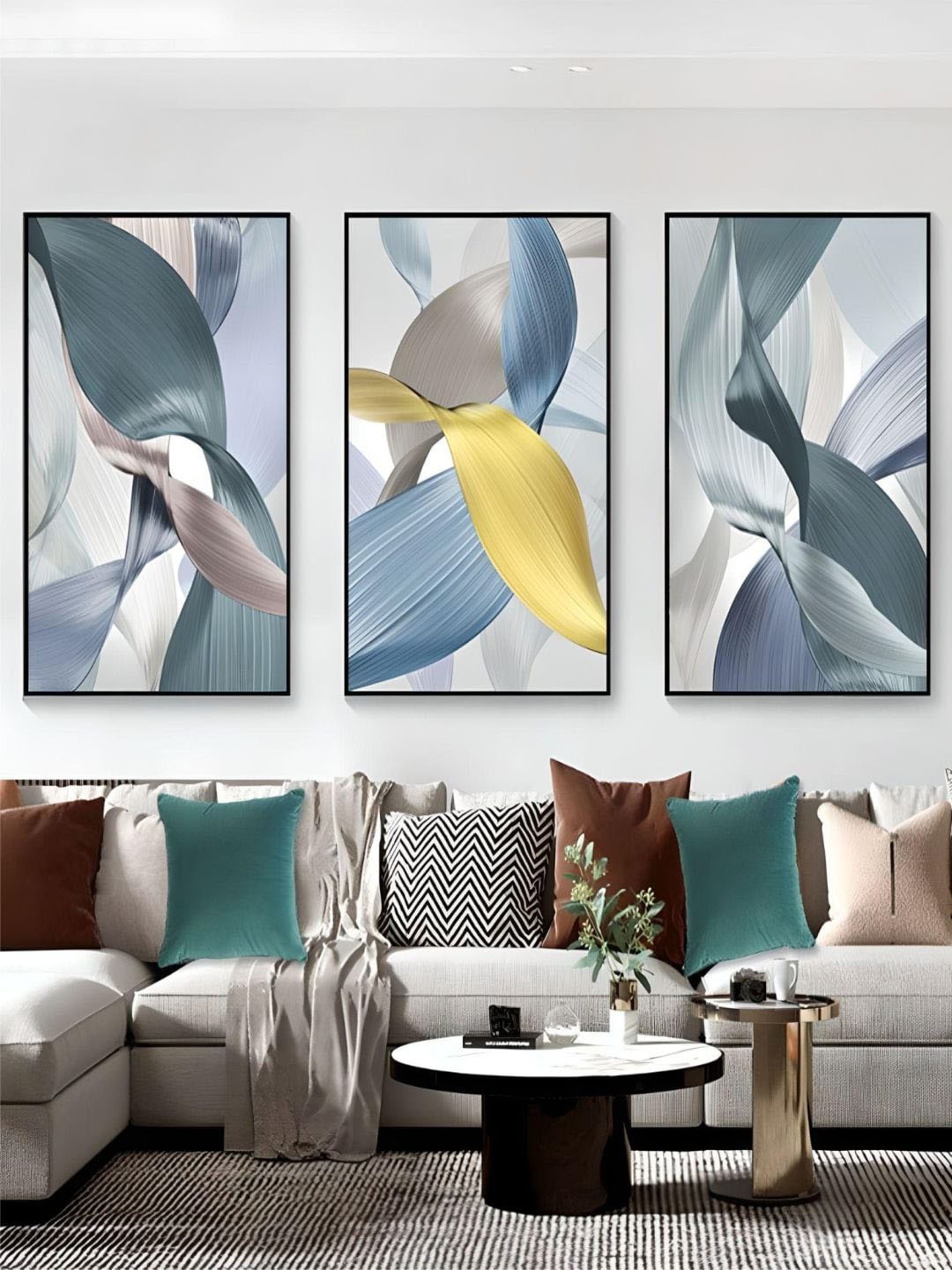 

THE HANDMADE FLAIR 3-Pcs Blue & Yellow Flowing Ribbon Painting Wall Art