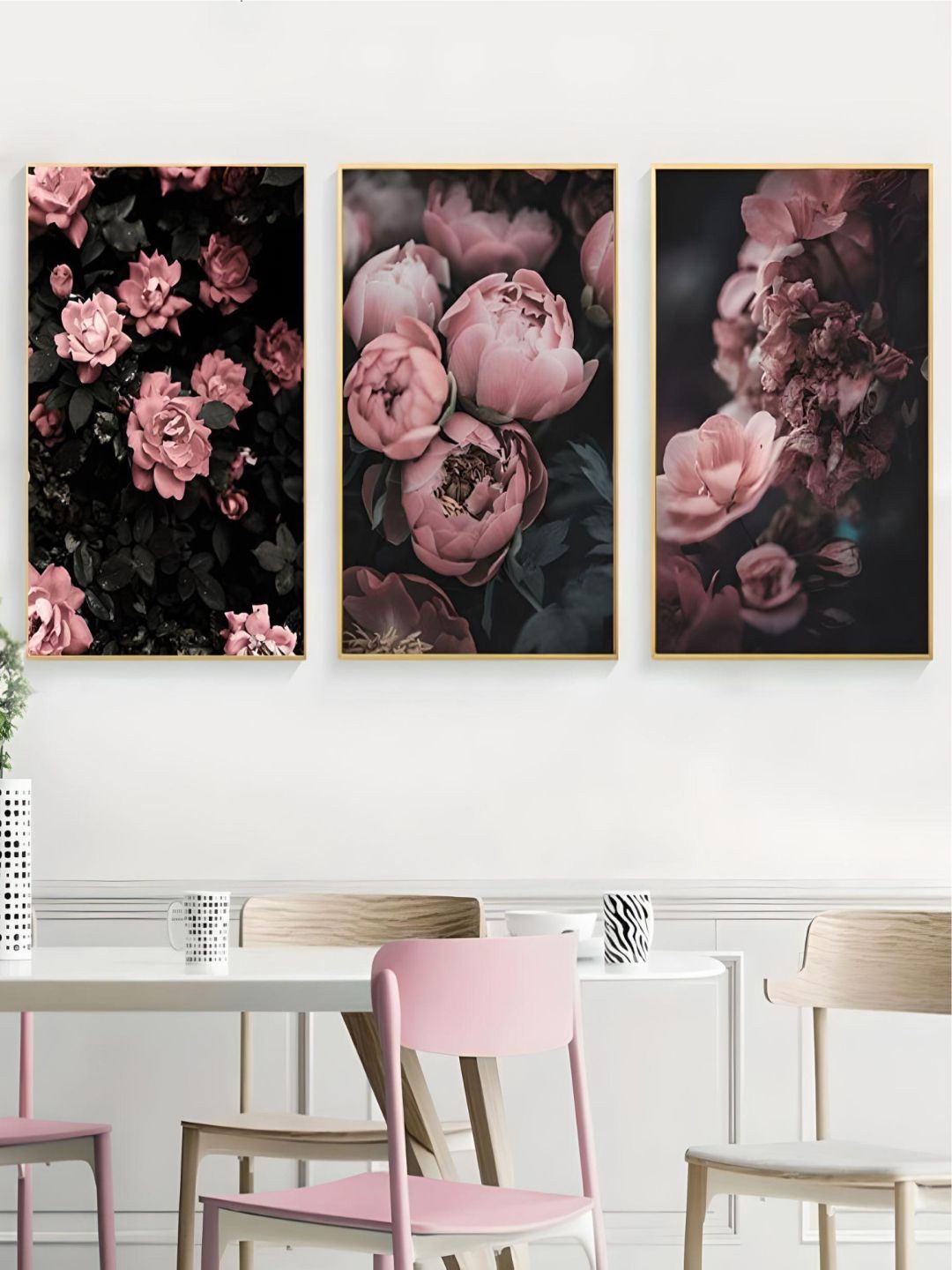 

THE HANDMADE FLAIR Pink & Green 3 Pieces Floral Painting Wall Art
