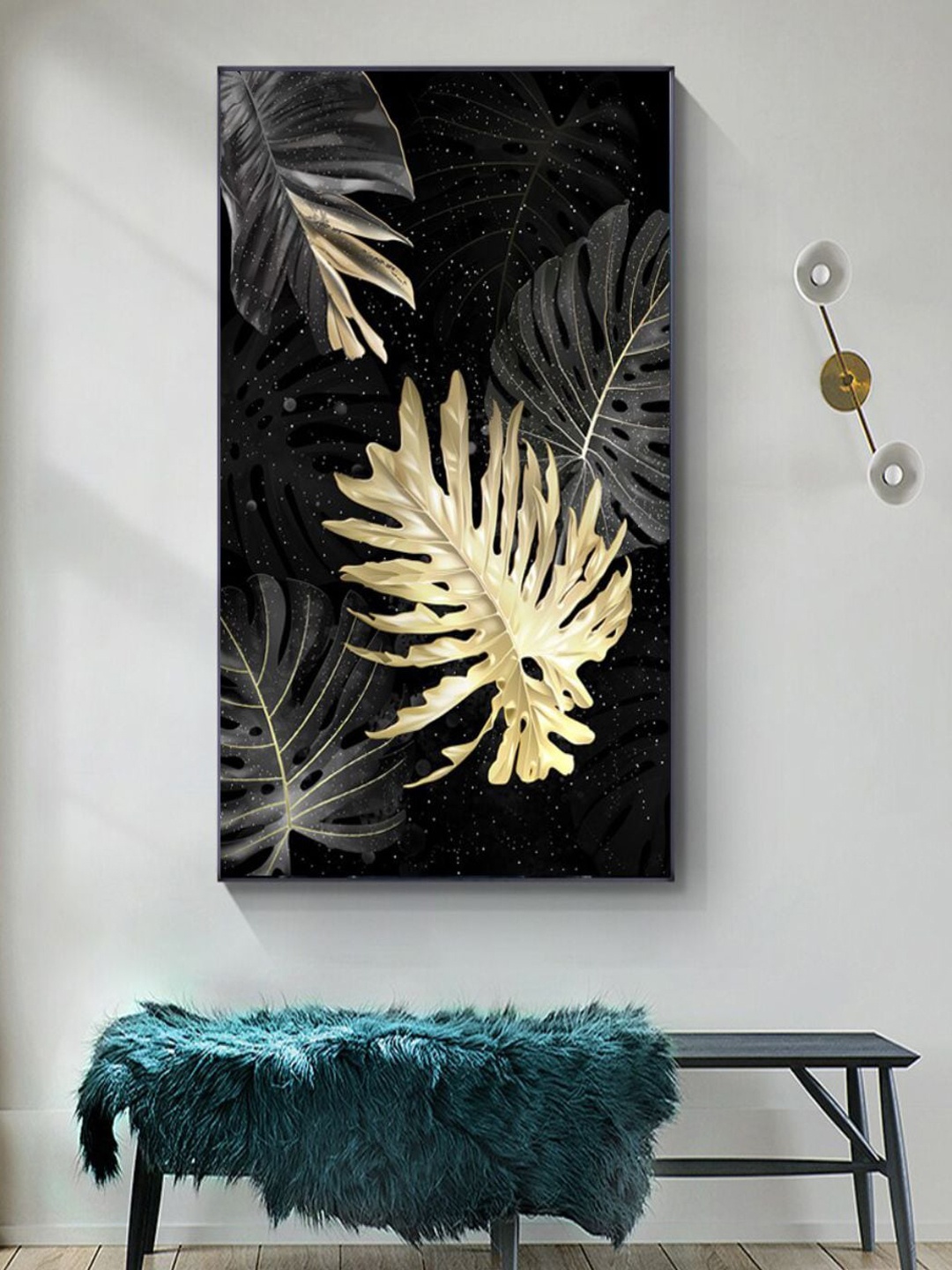 

THE HANDMADE FLAIR Black & Beige Tropical Leaves Painting Wall Art