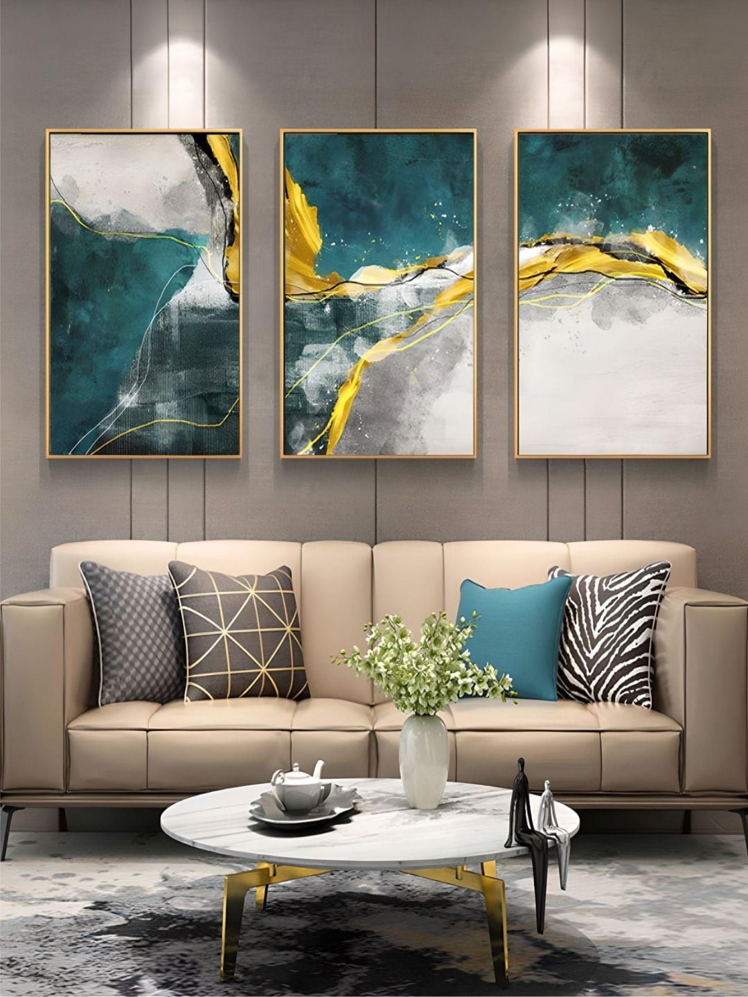 

THE HANDMADE FLAIR Teal Blue & Yellow 3 Pieces Abstract Painting Wall Arts