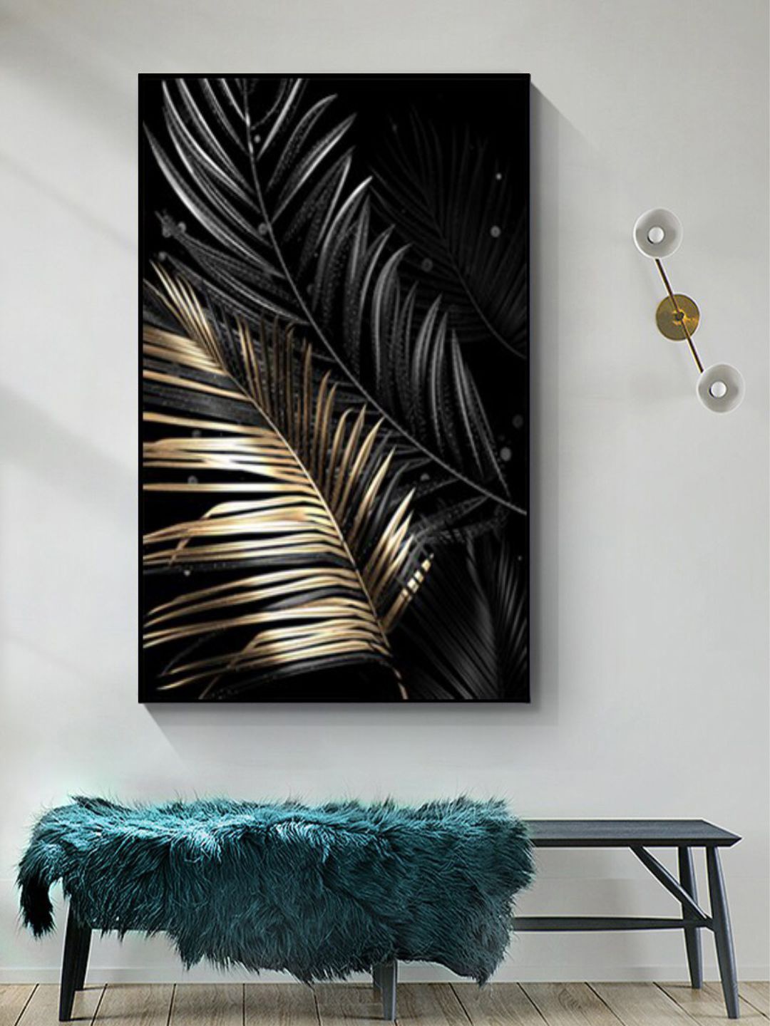 

THE HANDMADE FLAIR Crystal Porcelain Black & Beige Tropical Leaves Painted Wall Art