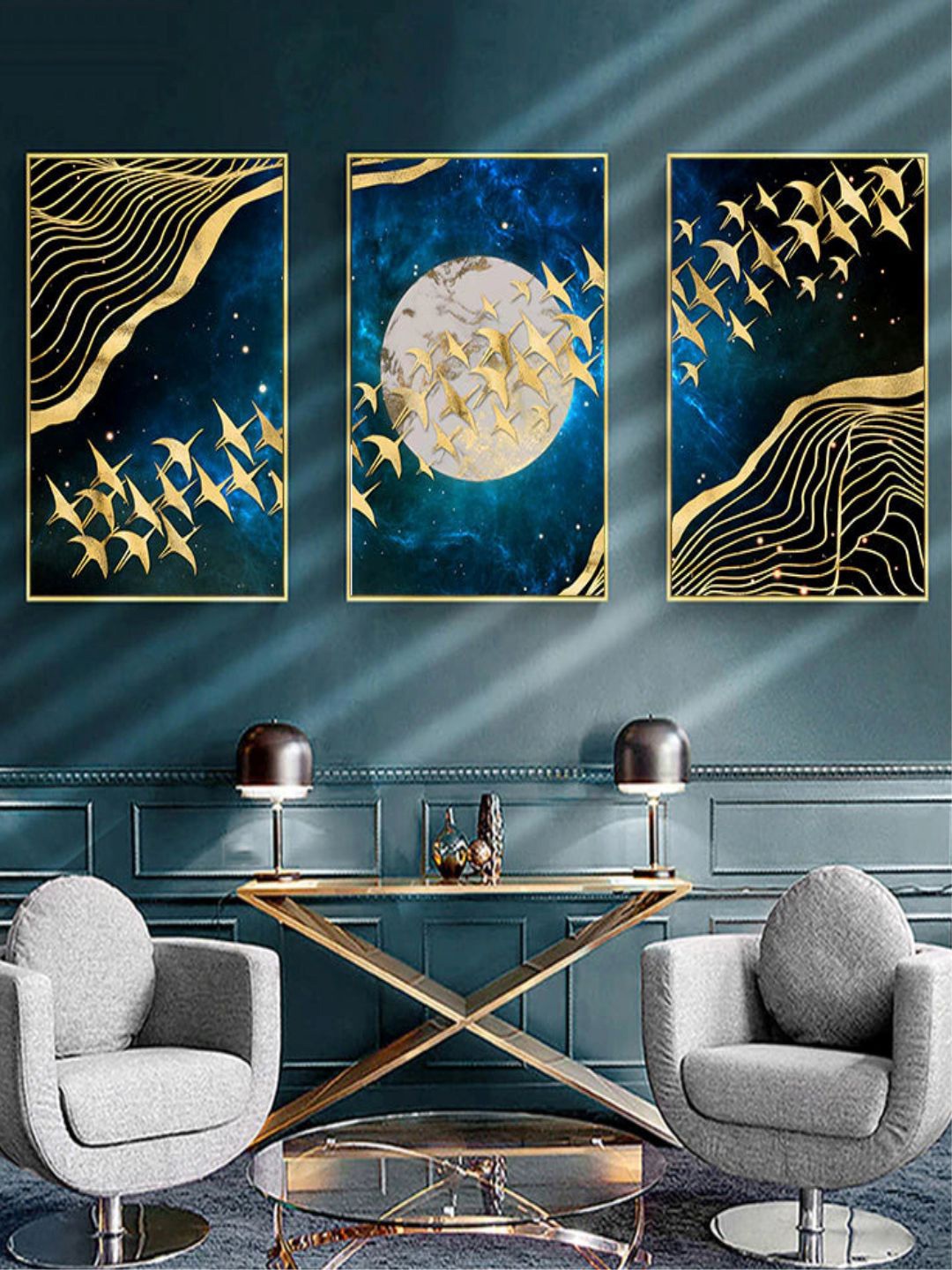 

THE HANDMADE FLAIR Crystal Porcelain Blue & Beige 3Pcs Flowing Moonlight Painting Wall Art