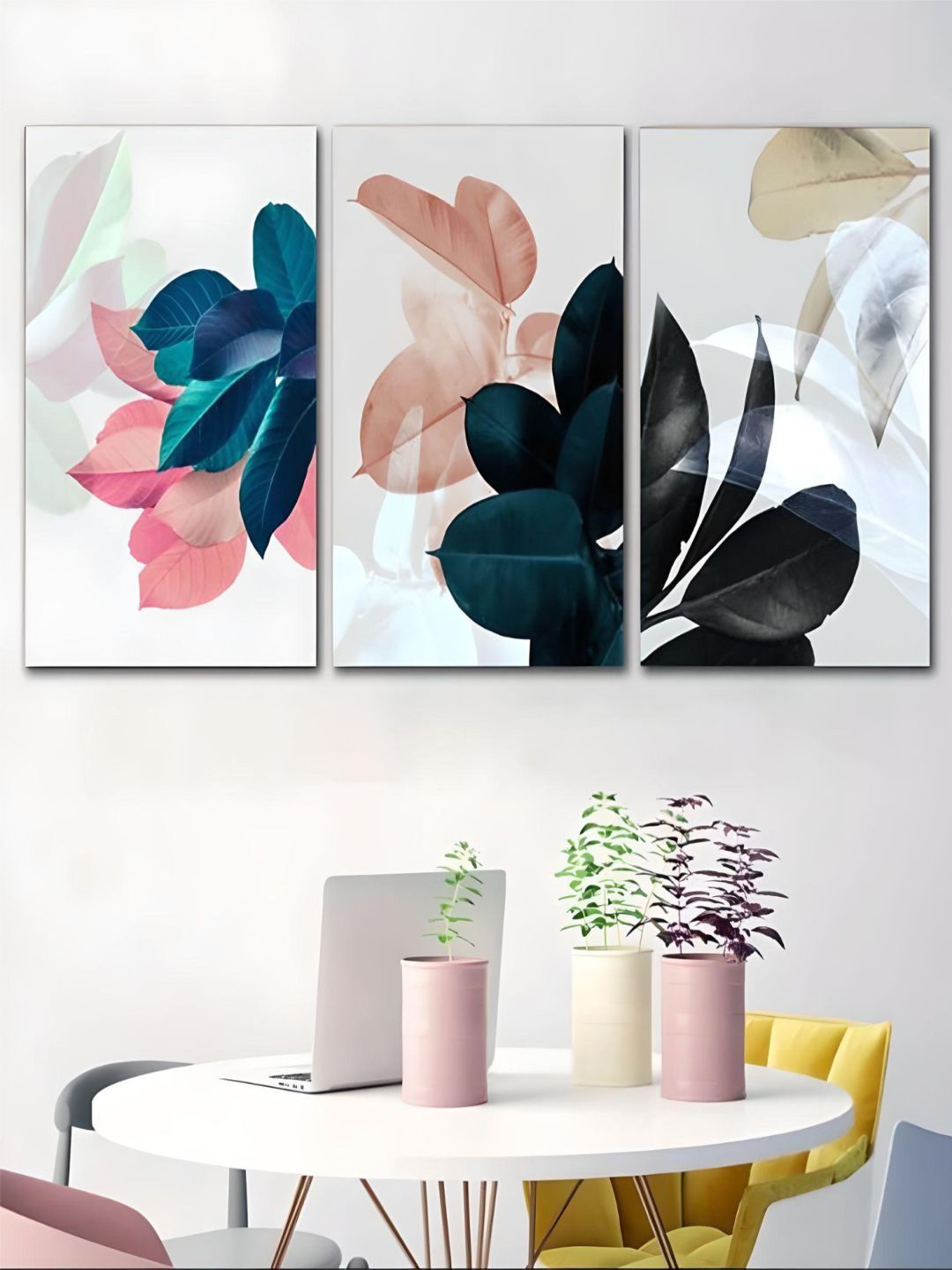 

THE HANDMADE FLAIR Pink & Blue 3 Pieces Leaves Painting Wall Art