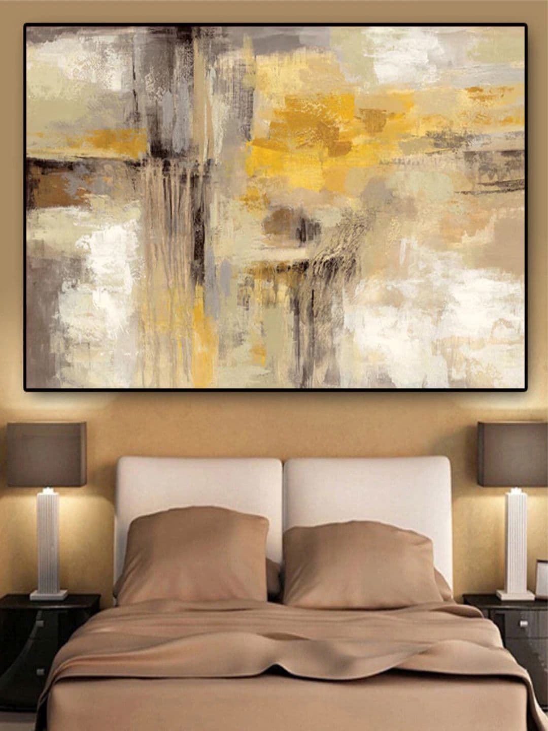 

THE HANDMADE FLAIR Crystal Porcelain Beige & Yellow Modern Abstract Painting Wall Art