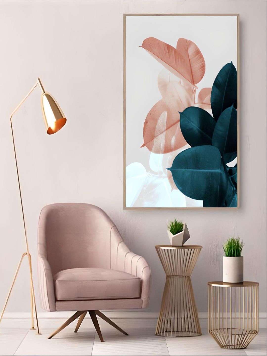 

THE HANDMADE FLAIR Green & Pink Leaves Painted Wall Art, White