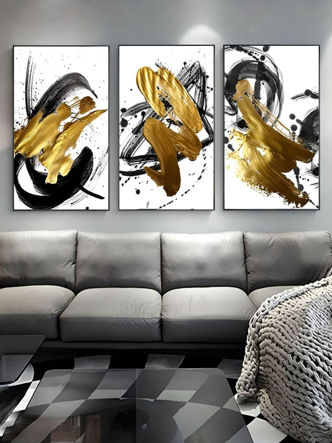 

THE HANDMADE FLAIR White & Yellow 3 Pieces Contemporary Painted Wall Arts