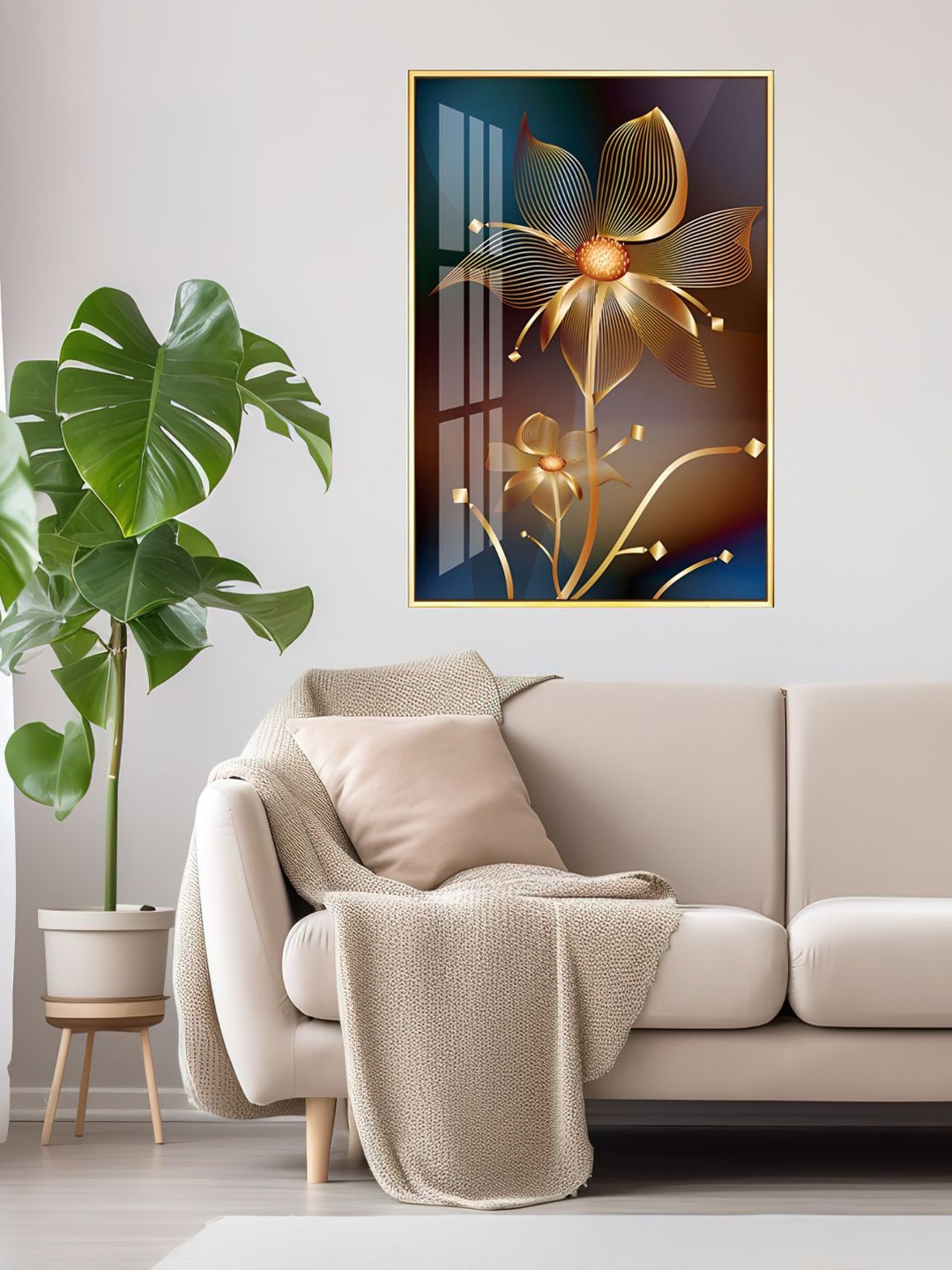 

THE HANDMADE FLAIR Blue & Beige Floral Painting Wall Art